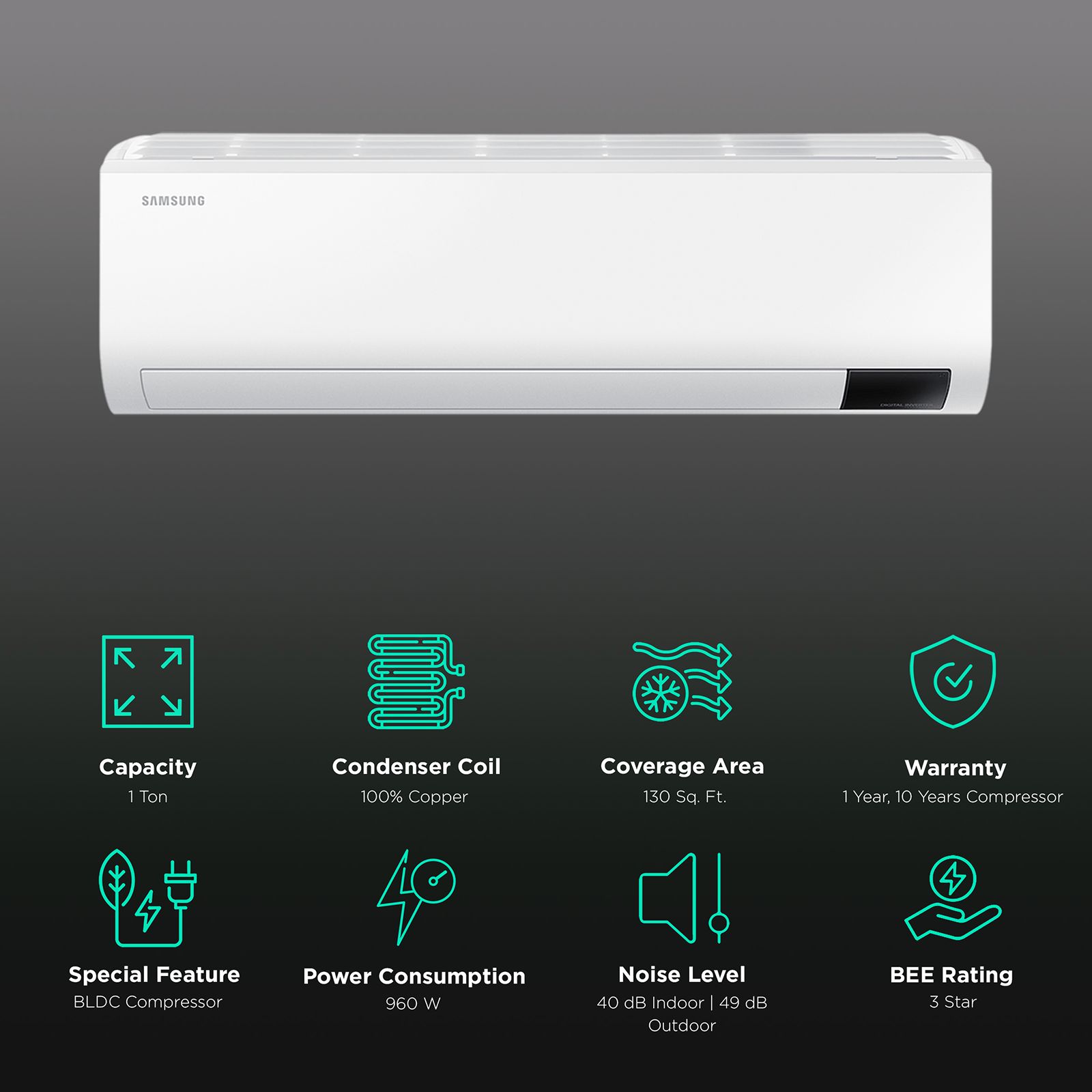 SAMSUNG 5 in 1 Convertible 1 Ton 3 Star Inverter Split AC with Durafin Ultra (Copper Condenser, AR12CY3ZAWK)_2