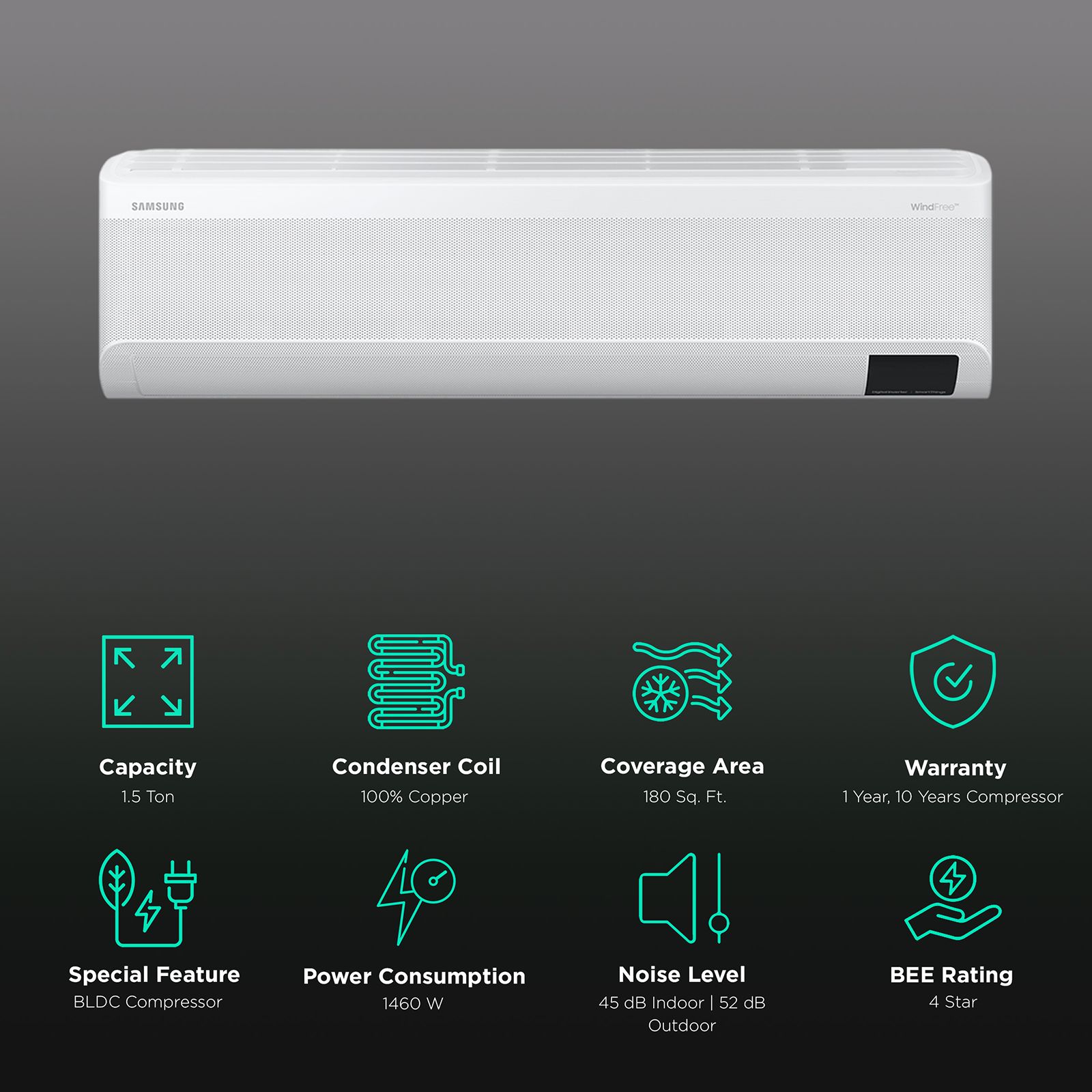 SAMSUNG WindFree 5 in 1 Convertible 1.5 Ton 4 Star Inverter Split Smart AC with 4-Way Swing (Copper Condenser, AR18CY4ANWK)_2