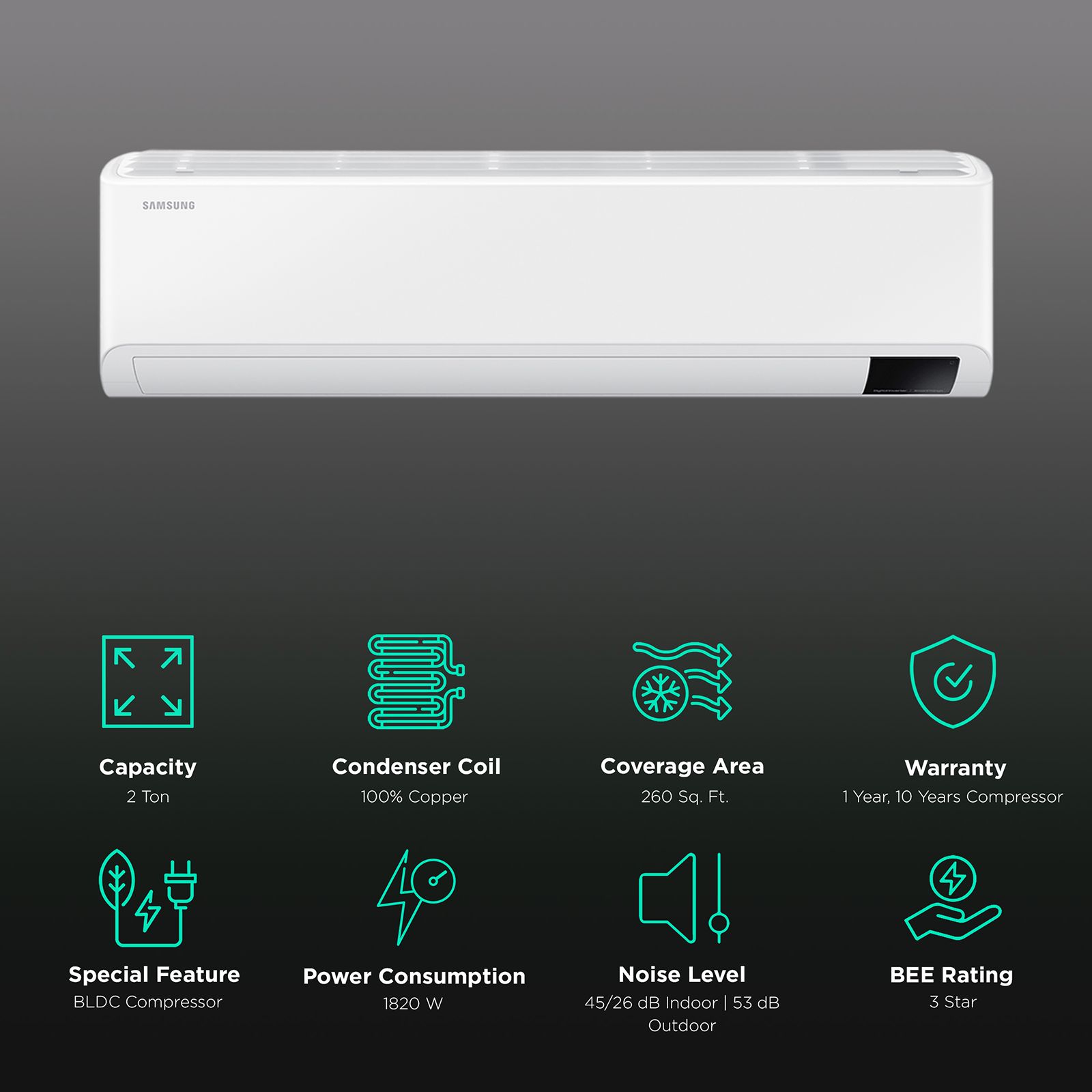 SAMSUNG 5 in 1 Convertible 2 Ton 3 Star Inverter Split Smart AC with 4-Way Swing (Copper Condenser, AR24CY3YAWK) SAMSUNG 5 in 1 Convertible 2 Ton 3 Star Inverter Split Smart AC with 4-Way Swing (Copper Condenser, AR24CY3YAWK)_2