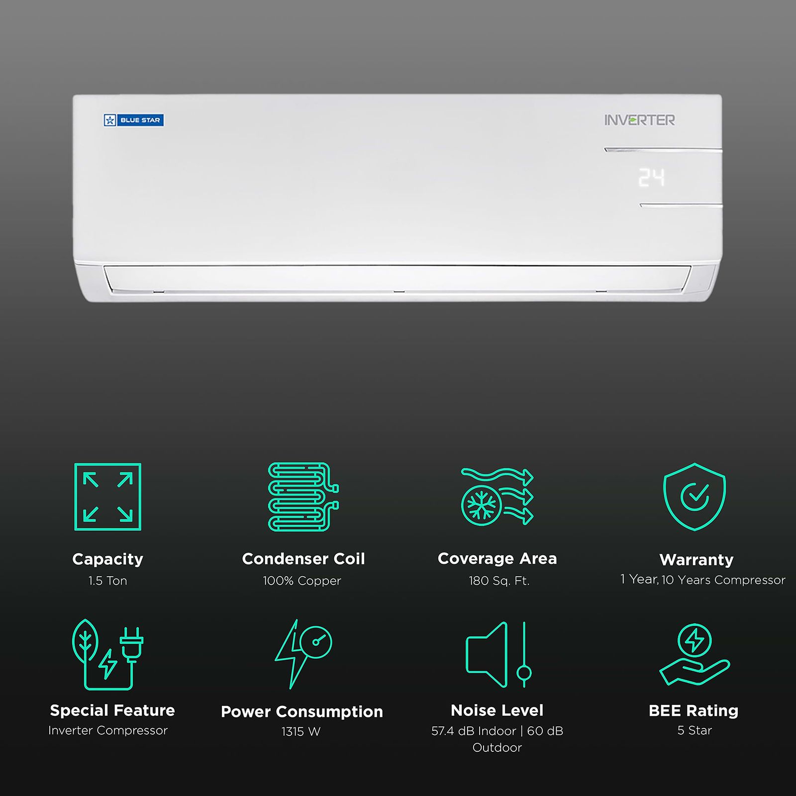Blue Star Y Series 5 in 1 Convertible 1.5 Ton 5 Star Inverter Split AC with Turbo Cool (Copper Condenser, IC518YNU) Blue Star Y Series 5 in 1 Convertible 1.5 Ton 5 Star Inverter Split AC with Turbo Cool (Copper Condenser, IC518YNU)_2