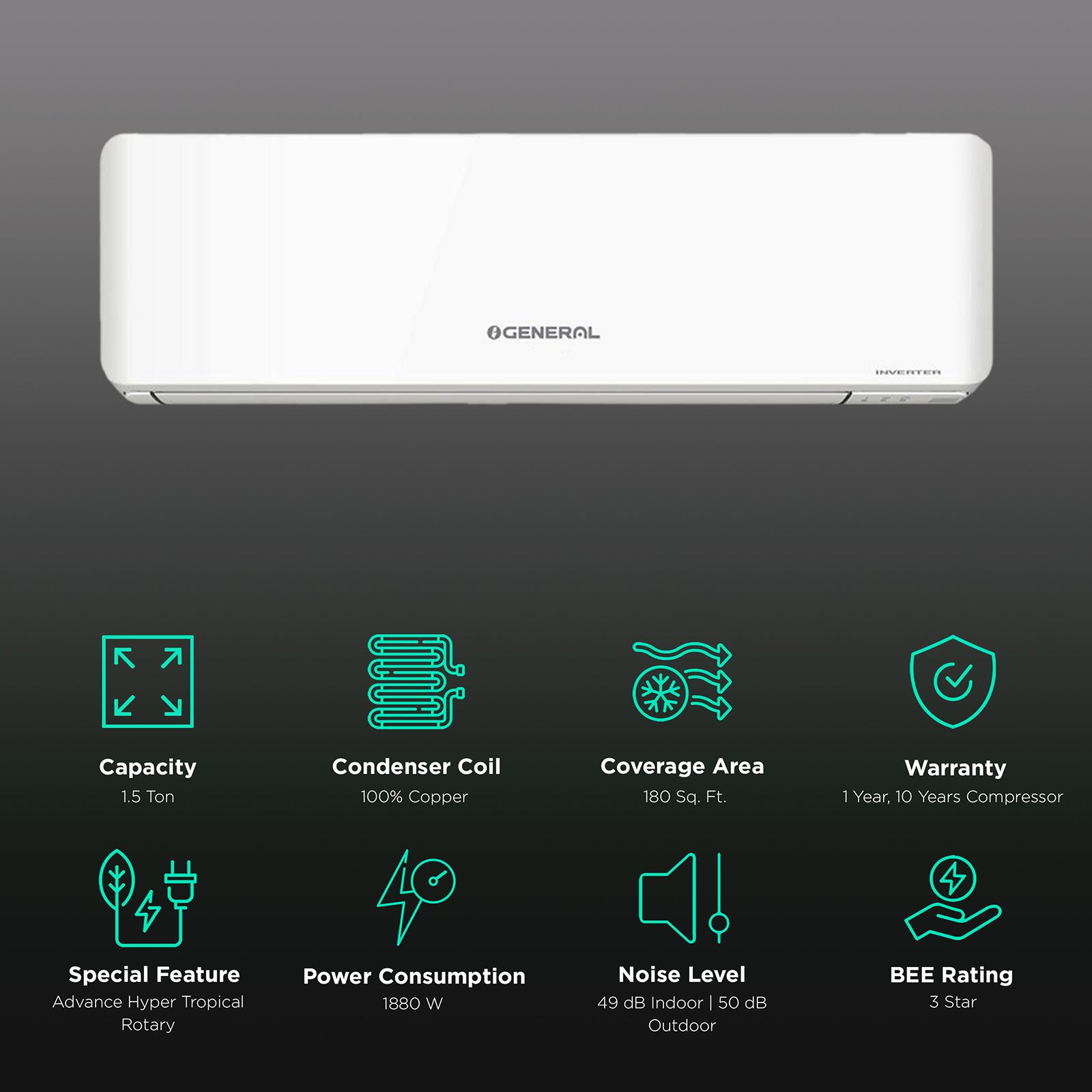 O GENERAL CPA Series 1.5 Ton 3 Star Inverter Split AC (Copper Condenser, PM 2.5 Filter, ASGG18CPAA-B)_2