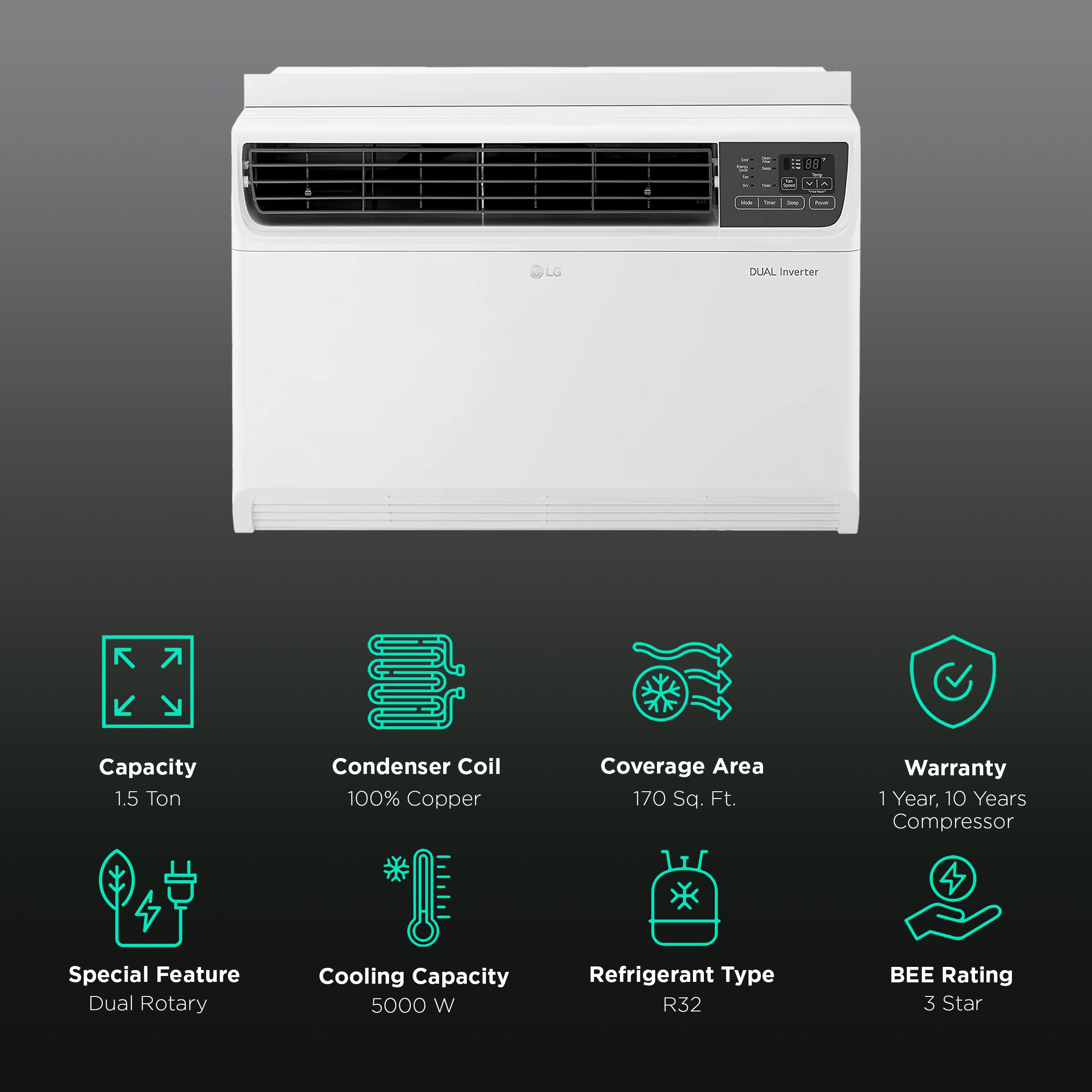 LG 4 in 1 Convertible 1.5 Ton 3 Star Inverter Window AC with HD Filter (Copper Condenser, RW-Q18WUXA.ANLG) LG 4 in 1 Convertible 1.5 Ton 3 Star Inverter Window AC with HD Filter (Copper Condenser, RW-Q18WUXA.ANLG)_2