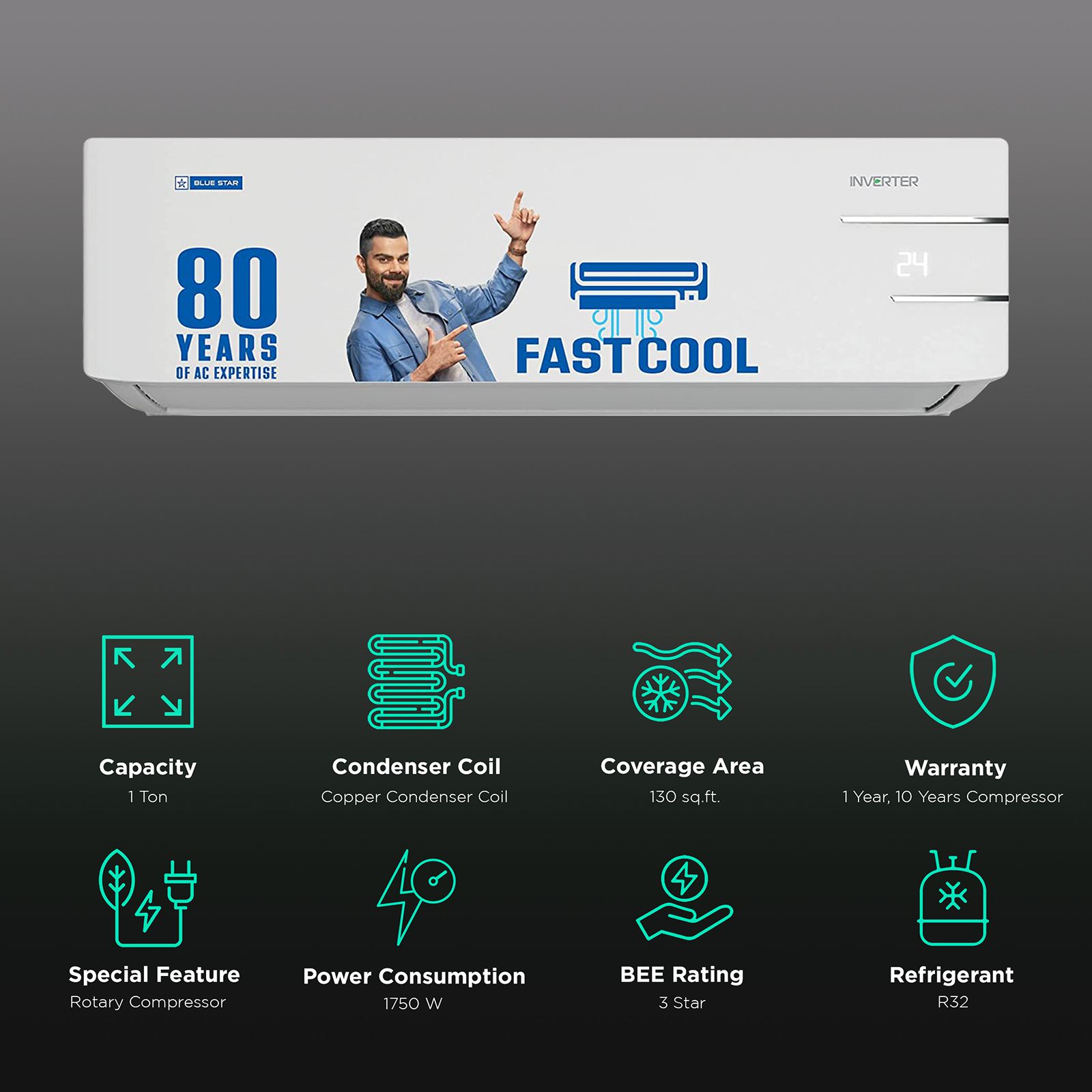 Blue Star Y Series 5 in 1 Convertible 1 Ton 3 Star Inverter Split AC with Dust Filter (Copper Condenser, IC312YNU) Blue Star Y Series 5 in 1 Convertible 1 Ton 3 Star Inverter Split AC with Dust Filter (Copper Condenser, IC312YNU)_2