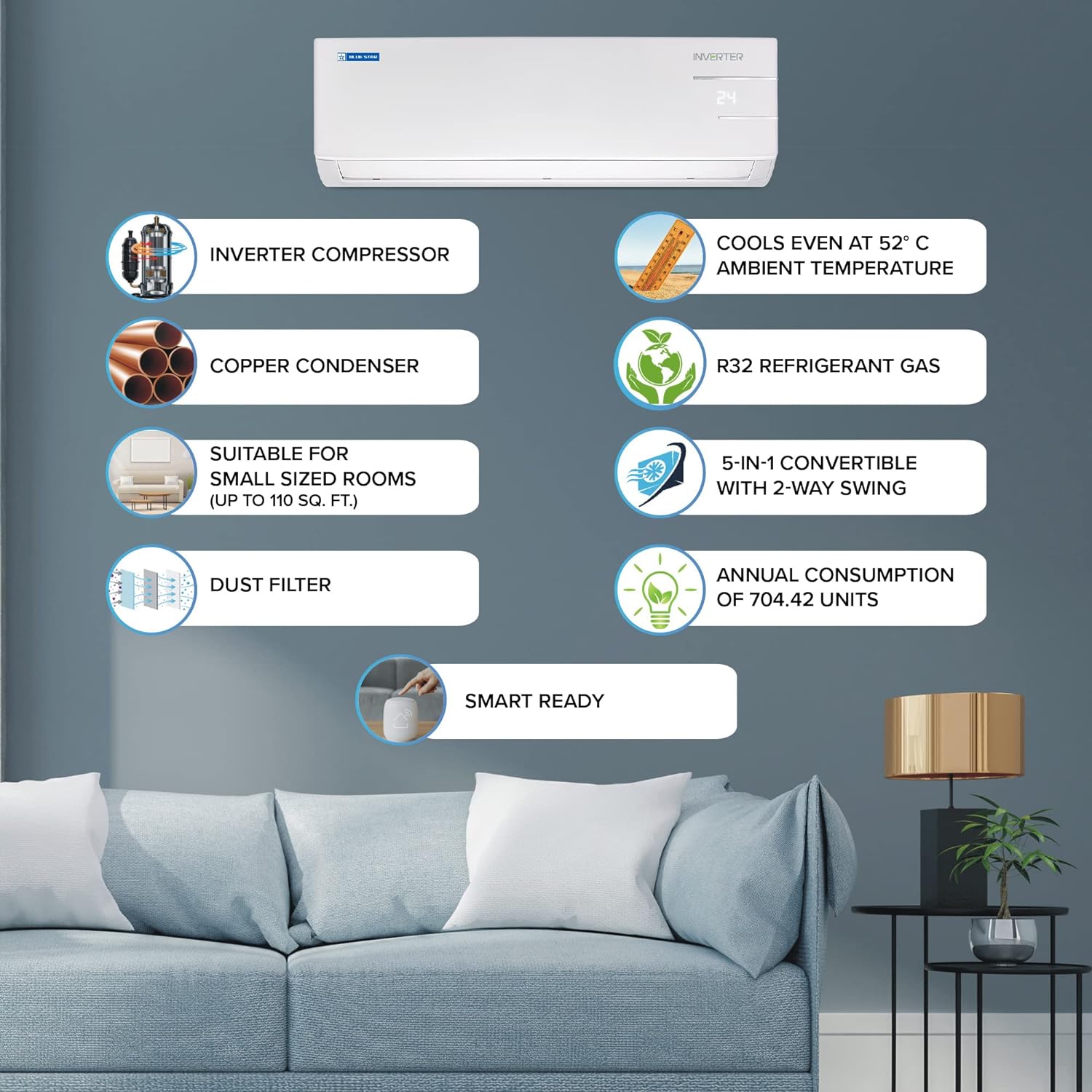 Blue Star Y Series 5 in 1 Convertible 1 Ton 3 Star Inverter Split AC with Dust Filter (Copper Condenser, IC312YNU) Blue Star Y Series 5 in 1 Convertible 1 Ton 3 Star Inverter Split AC with Dust Filter (Copper Condenser, IC312YNU)_9
