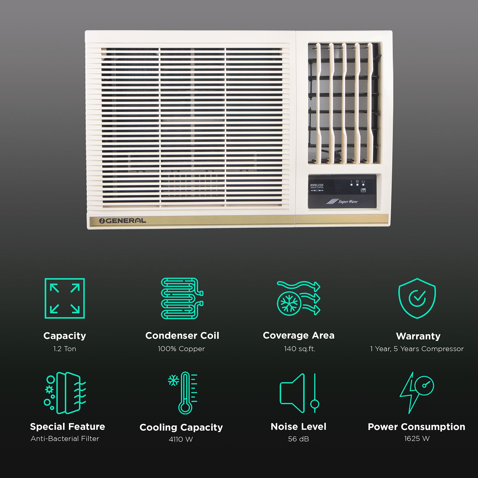 O GENERAL BBAA 1.2 Ton 2 Star Non Inverter Window AC ( Copper Condenser, Dust Filter, AFGB14BBAA-B)_2