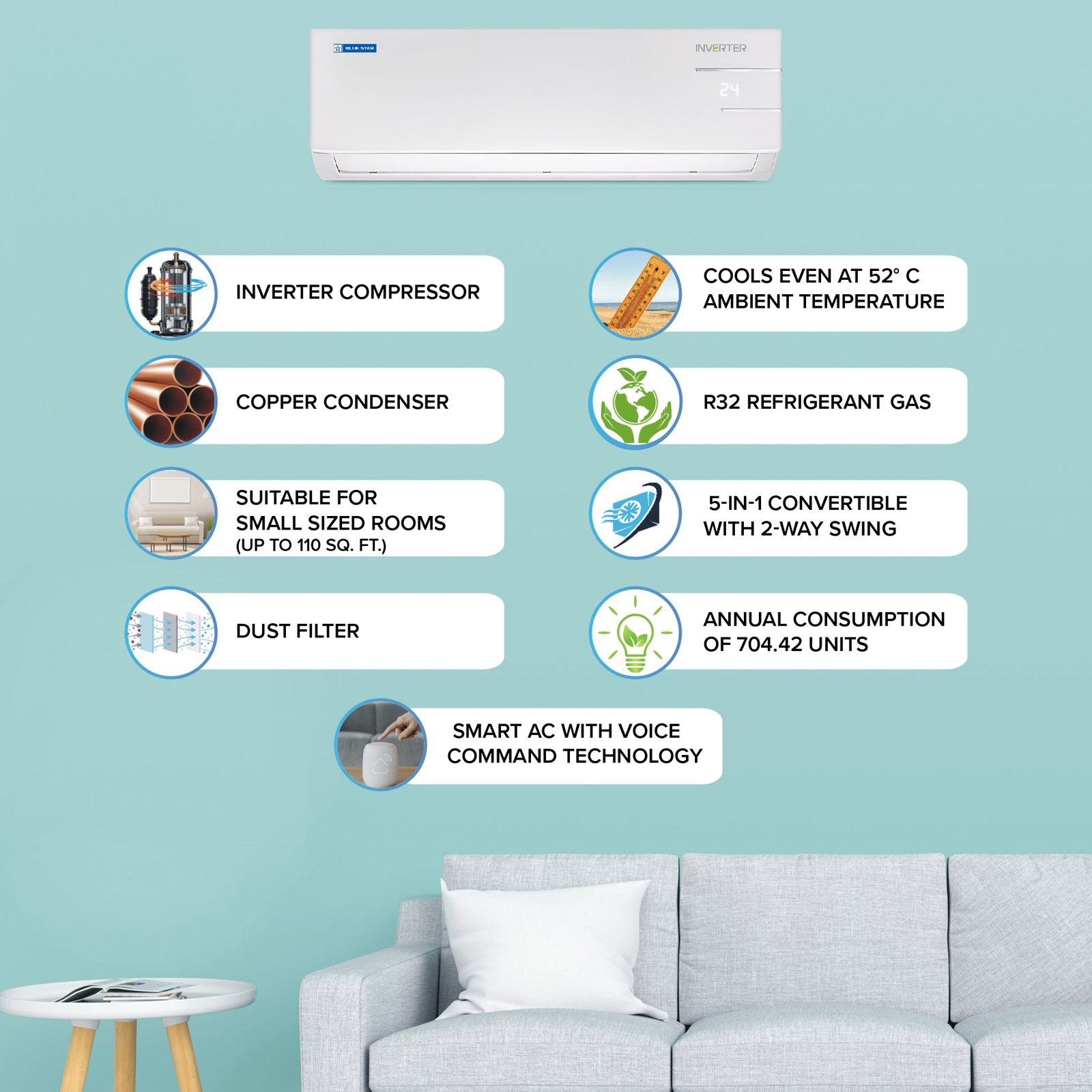Blue Star YNUS 5 in 1 Convertible 1 Ton 3 Star Inverter Split Smart AC with Dust Filter (Copper Condenser, IC312YNUS) Blue Star YNUS 5 in 1 Convertible 1 Ton 3 Star Inverter Split Smart AC with Dust Filter (Copper Condenser, IC312YNUS)_6