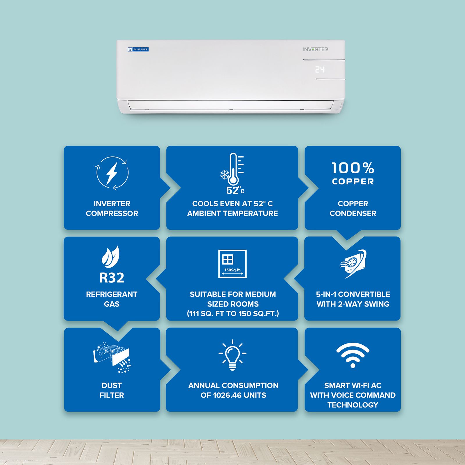 Blue Star YNUS 5 in 1 Convertible 1.5 Ton 3 Star Inverter Split Smart AC with Turbo Cool (Copper Condenser, IC318YNUS) Blue Star YNUS 5 in 1 Convertible 1.5 Ton 3 Star Inverter Split Smart AC with Turbo Cool (Copper Condenser, IC318YNUS)_6
