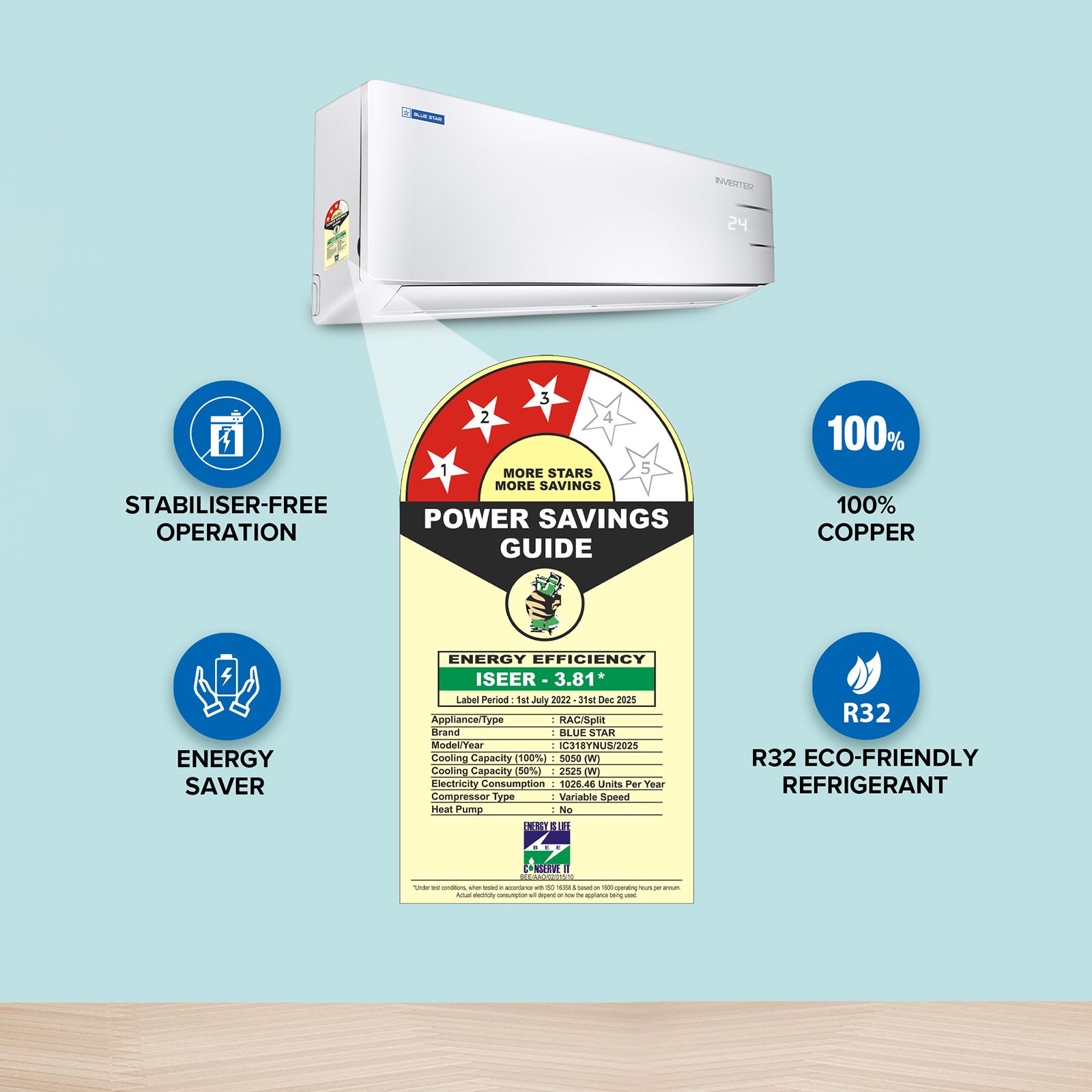 Blue Star YNUS 5 in 1 Convertible 1.5 Ton 3 Star Inverter Split Smart AC with Turbo Cool (Copper Condenser, IC318YNUS) Blue Star YNUS 5 in 1 Convertible 1.5 Ton 3 Star Inverter Split Smart AC with Turbo Cool (Copper Condenser, IC318YNUS)_3