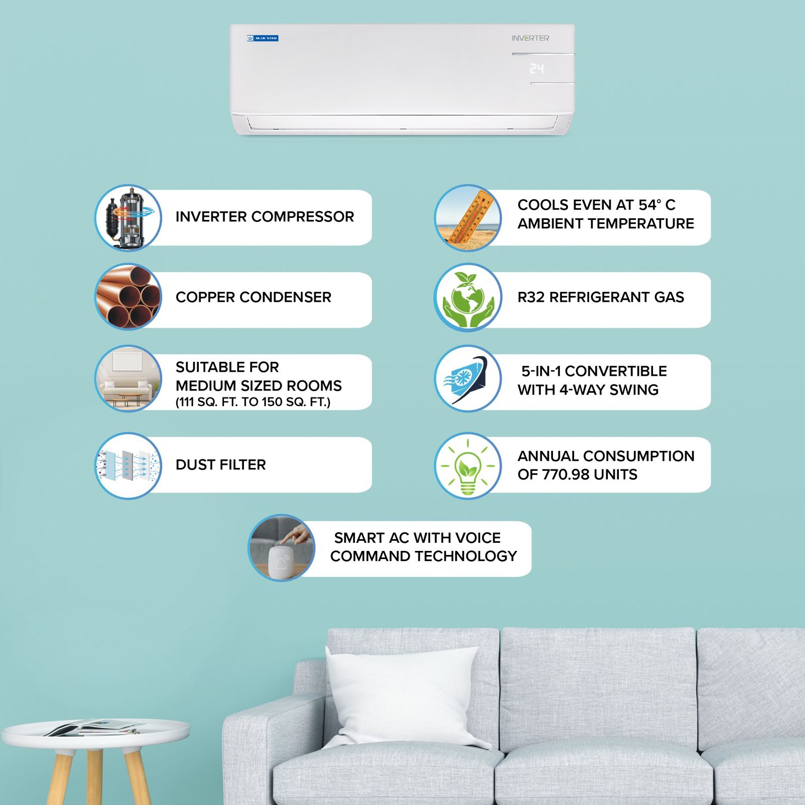 Blue Star YNUS 5 in 1 Convertible 1.5 Ton 5 Star Inverter Split Smart AC with Dust Filter (Copper Condenser, IC518YNUS) Blue Star YNUS 5 in 1 Convertible 1.5 Ton 5 Star Inverter Split Smart AC with Dust Filter (Copper Condenser, IC518YNUS)_9