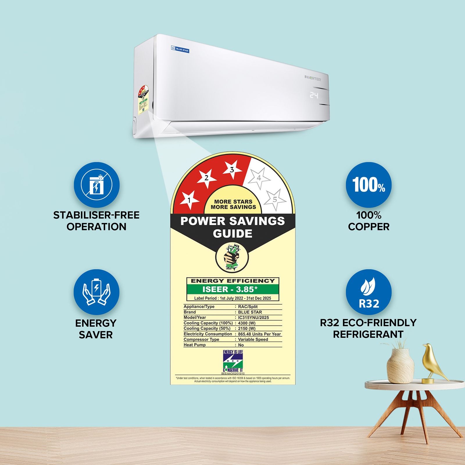 Blue Star Y Series 5 in 1 Convertible 1.2 Ton 3 Star Inverter Split AC with Turbo Cool (Copper Condenser, IC315YNU) Blue Star Y Series 5 in 1 Convertible 1.2 Ton 3 Star Inverter Split AC with Turbo Cool (Copper Condenser, IC315YNU)_3