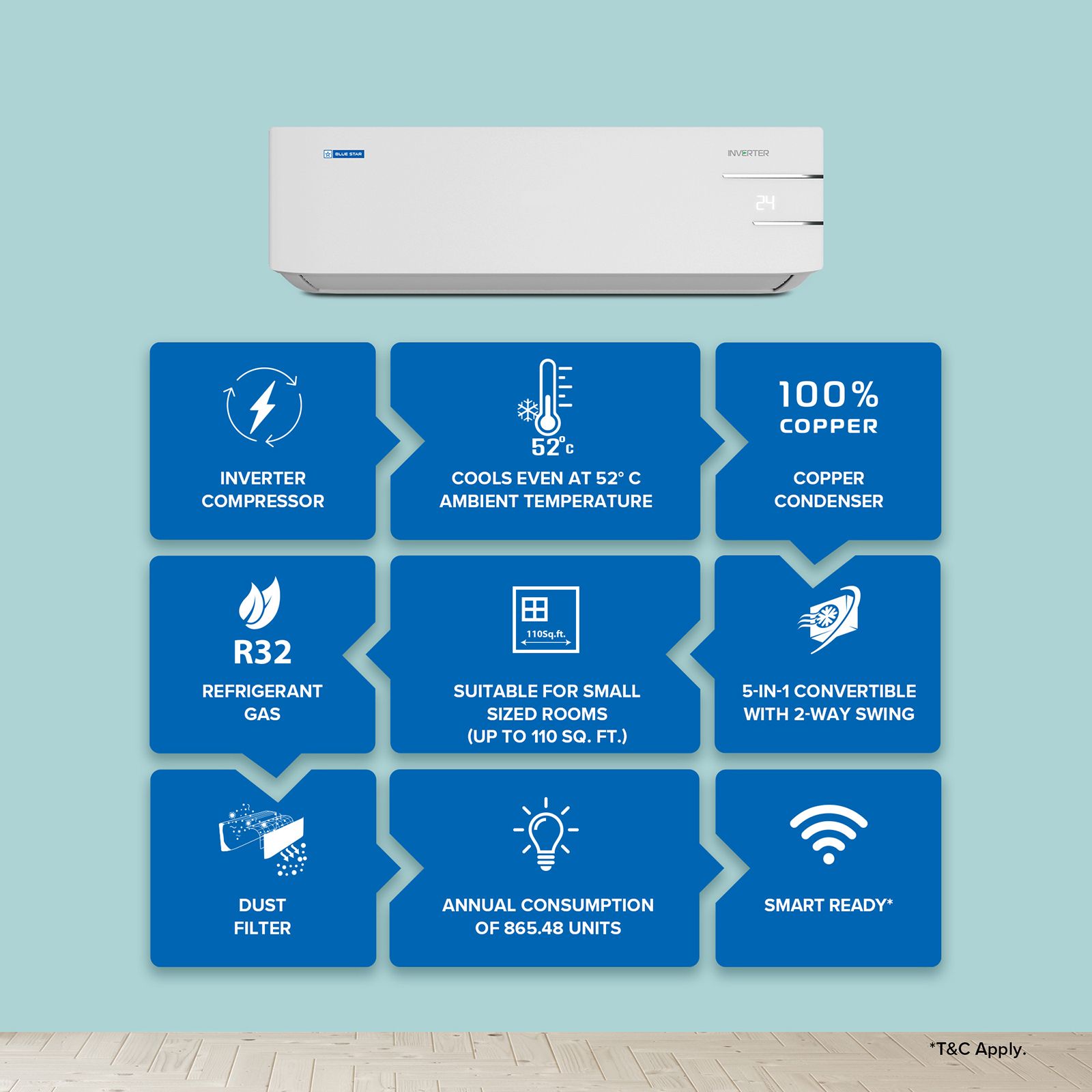 Blue Star Y Series 5 in 1 Convertible 1.2 Ton 3 Star Inverter Split AC with Turbo Cool (Copper Condenser, IC315YNU) Blue Star Y Series 5 in 1 Convertible 1.2 Ton 3 Star Inverter Split AC with Turbo Cool (Copper Condenser, IC315YNU)_6