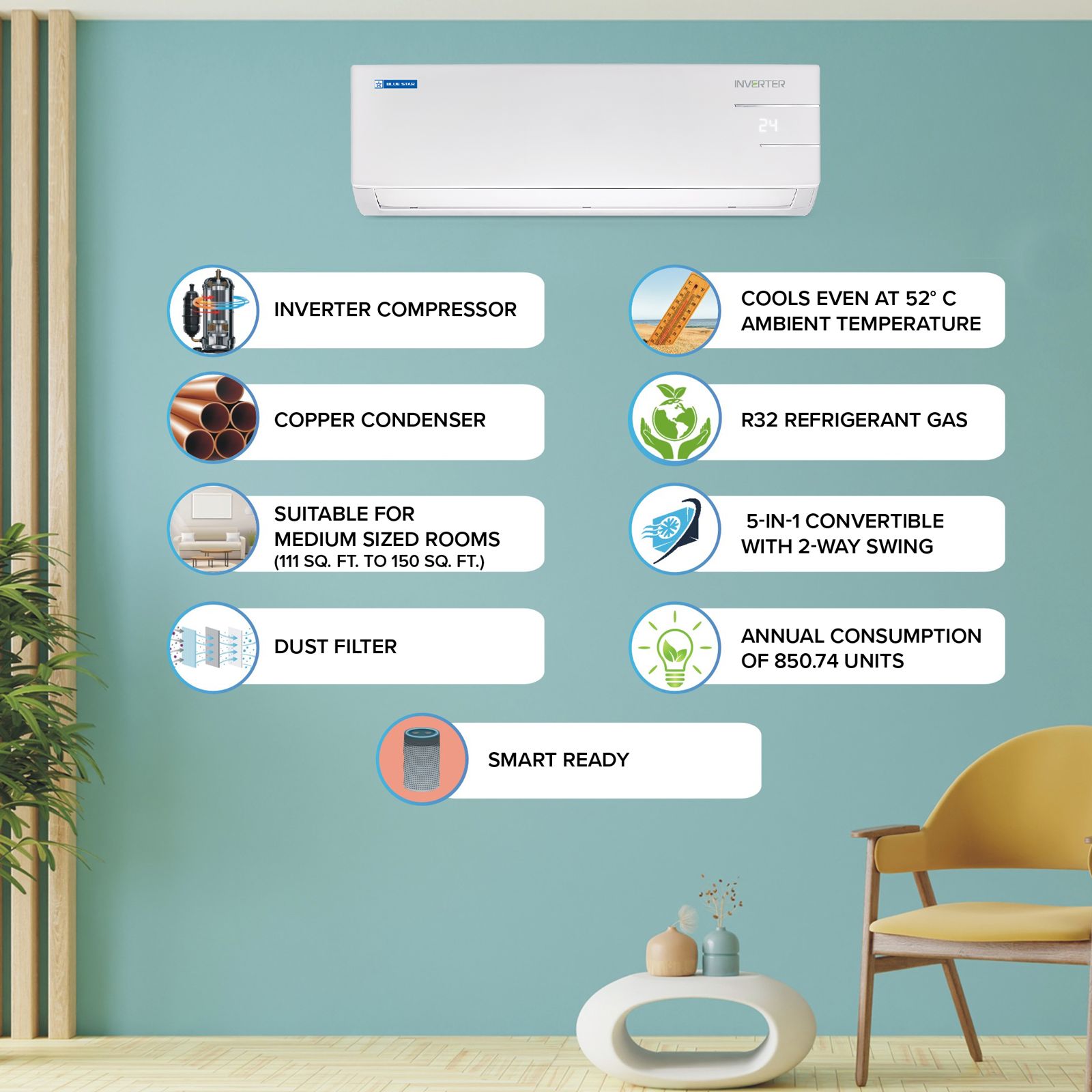 Blue Star Y Series 5 in 1 Convertible 1.5 Ton 4 Star Inverter Split AC with Dust Filter (Copper Condenser, ID418YNU) Blue Star Y Series 5 in 1 Convertible 1.5 Ton 4 Star Inverter Split AC with Dust Filter (Copper Condenser, ID418YNU)_8
