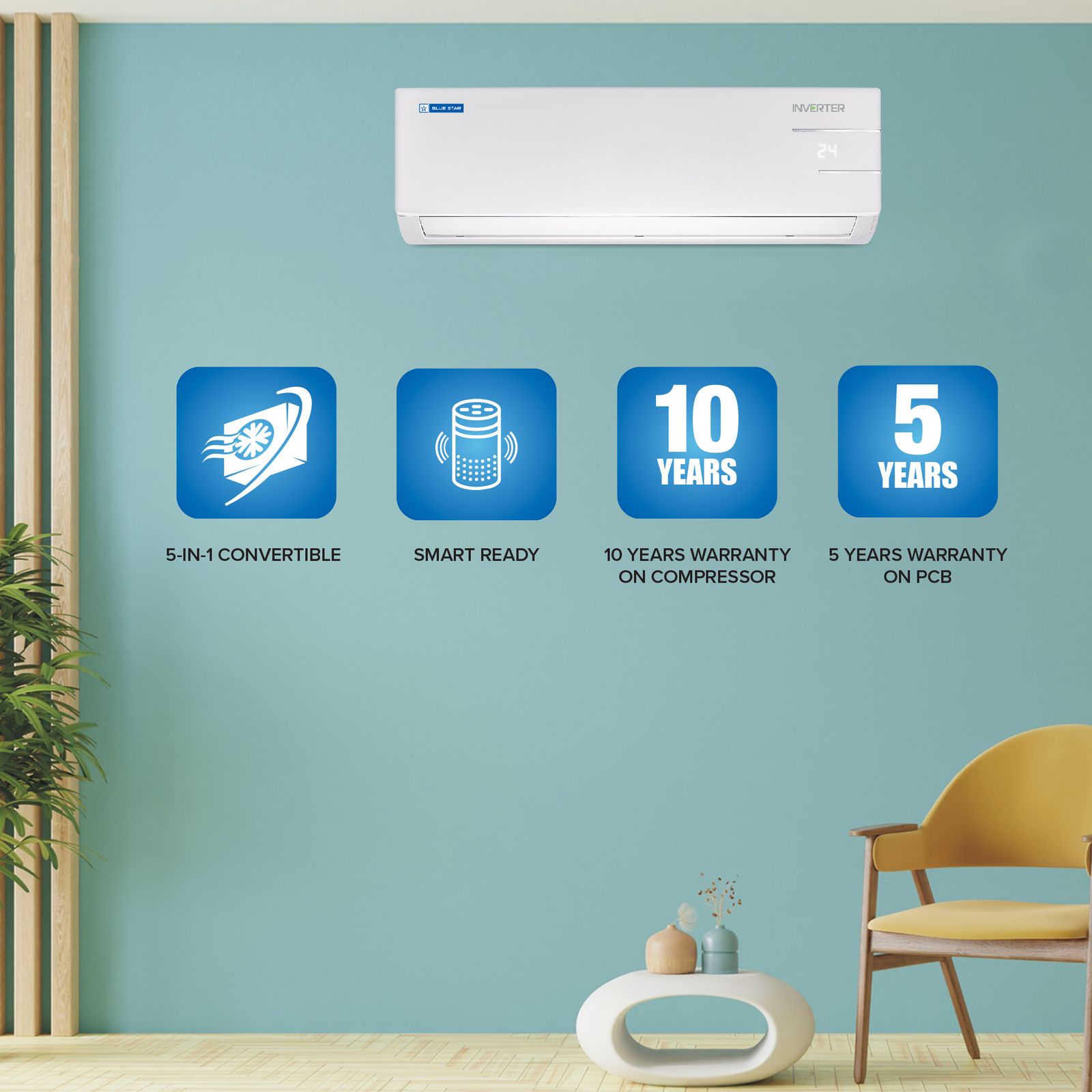 Blue Star Y Series 5 in 1 Convertible 1.5 Ton 4 Star Inverter Split AC with Dust Filter (Copper Condenser, ID418YNU) Blue Star Y Series 5 in 1 Convertible 1.5 Ton 4 Star Inverter Split AC with Dust Filter (Copper Condenser, ID418YNU)_9