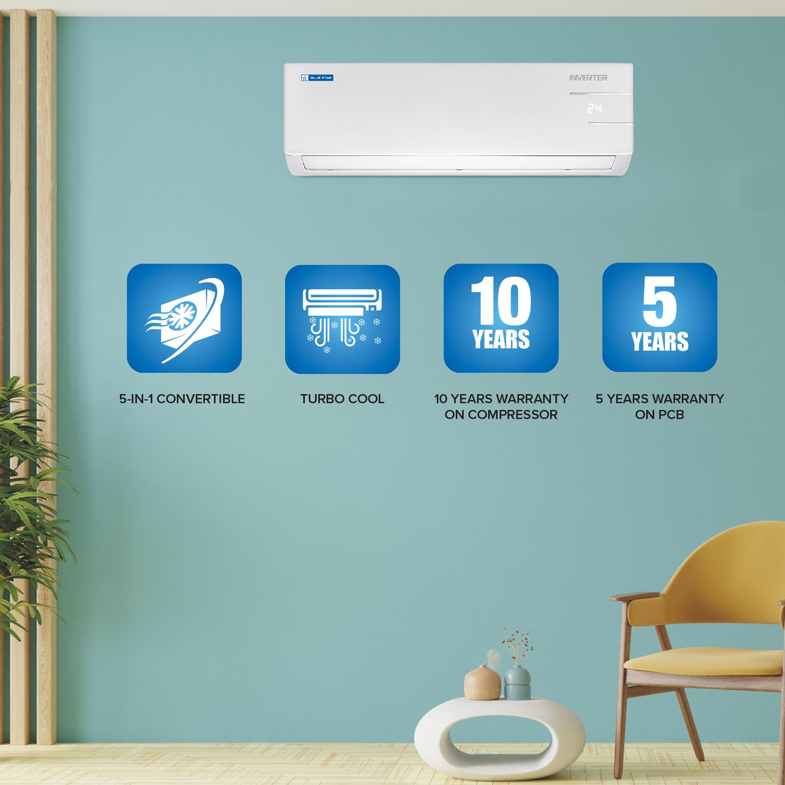 Blue Star YNU 5 in 1 Convertible 2 Ton 3 Star Inverter Split AC with Turbo Cool ( Copper Condenser, IC324YNU) Blue Star YNU 5 in 1 Convertible 2 Ton 3 Star Inverter Split AC with Turbo Cool ( Copper Condenser, IC324YNU)_10