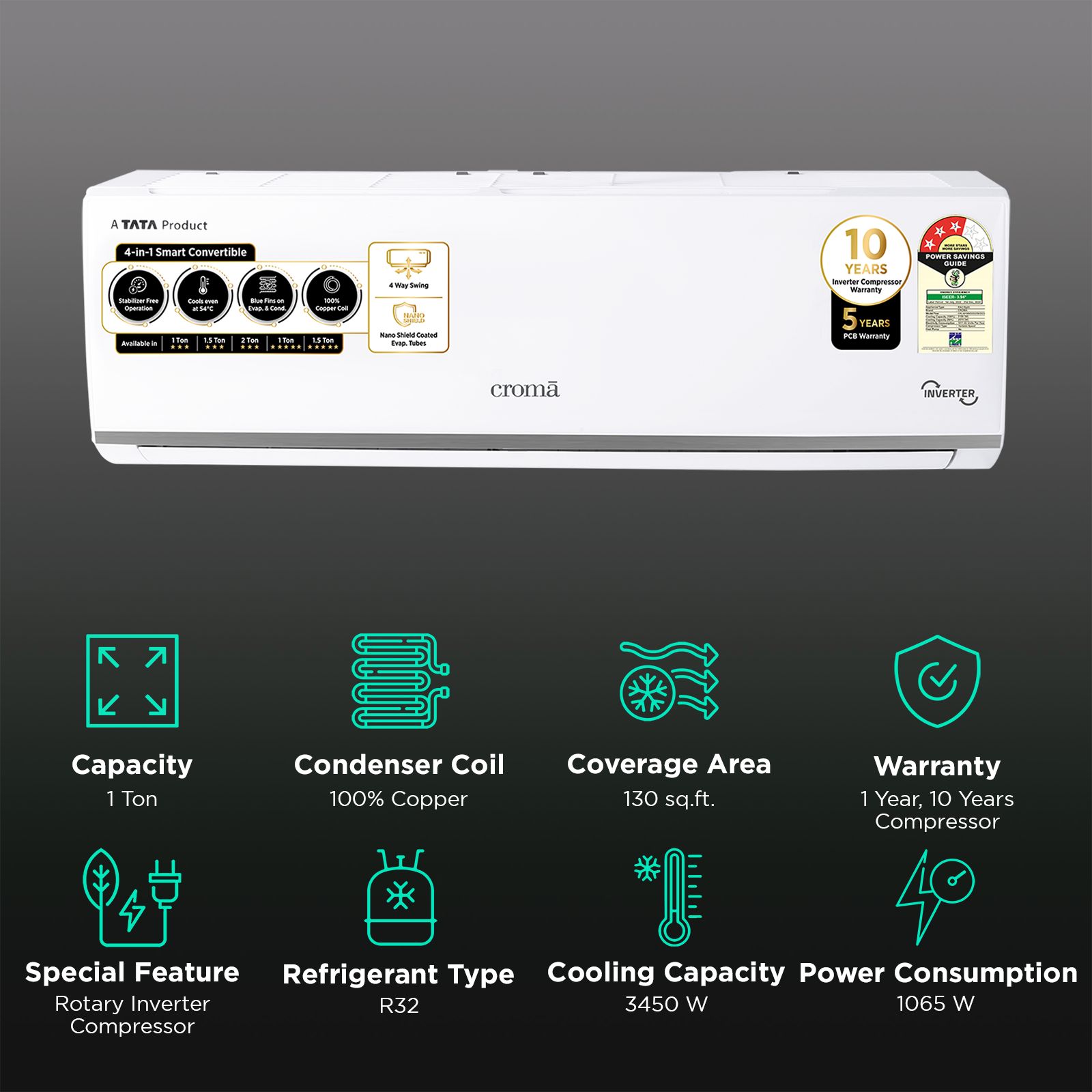 Croma 4 in 1 Convertible 1 Ton 3 Star Inverter Split AC with Dust Filter (Copper Condenser, CRLA012IND283256)_2