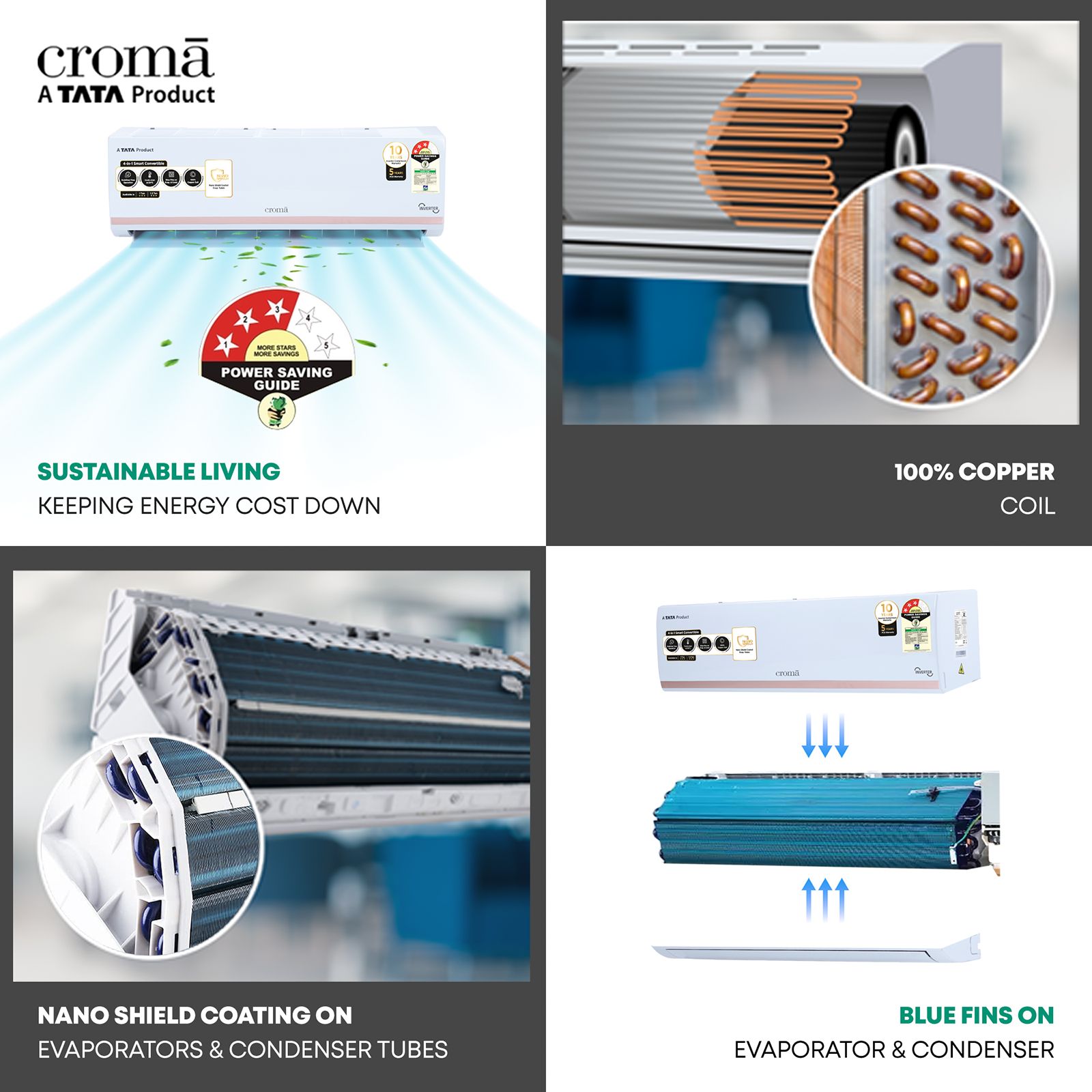 Croma 4 in 1 Convertible 1 Ton 3 Star Inverter Split AC with Dust Filter (Copper Condenser, CRLA012IND283257) Croma 4 in 1 Convertible 1 Ton 3 Star Inverter Split AC with Dust Filter (Copper Condenser, CRLA012IND283257)_8