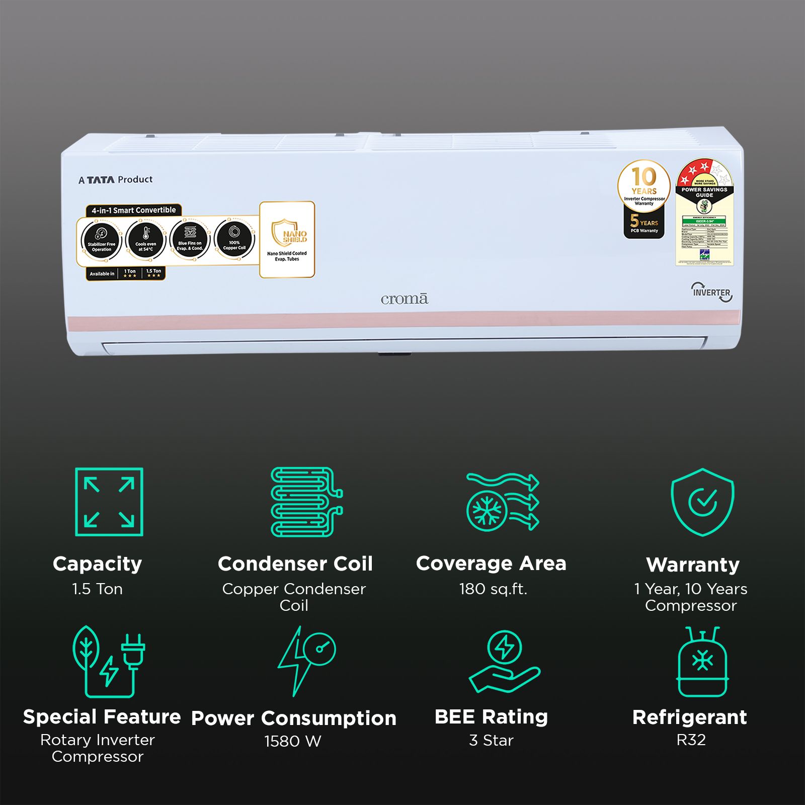 Croma 4 in 1 Convertible 1.5 Ton 3 Star Inverter Split AC with Dust Filter (Copper Condenser, CRLA018IND283258) Croma 4 in 1 Convertible 1.5 Ton 3 Star Inverter Split AC with Dust Filter (Copper Condenser, CRLA018IND283258)_2