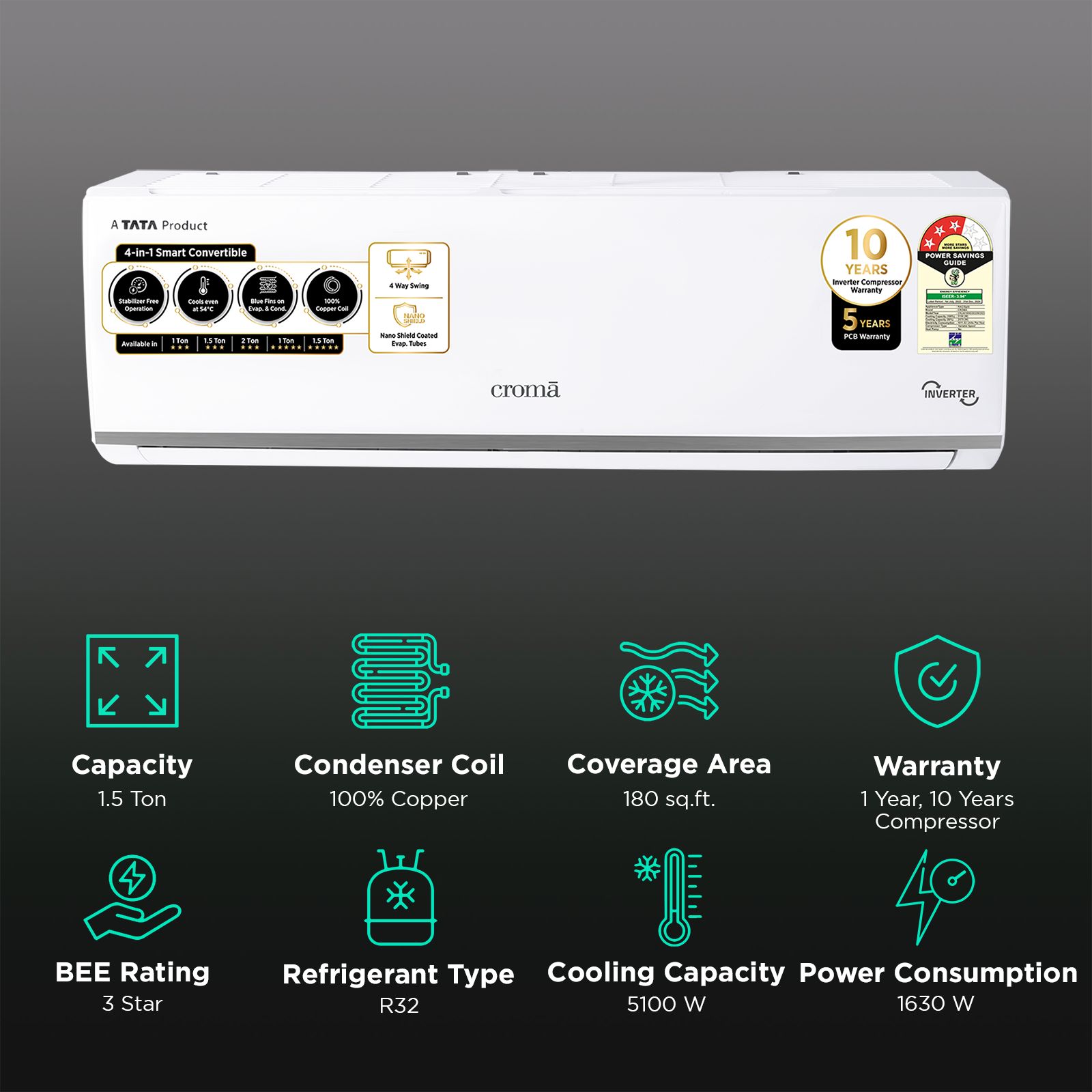 Croma 4 in 1 Convertible 1.5 Ton 3 Star Inverter Split AC with Dust Filter (Copper Condenser, CRLA018IND283259)_2