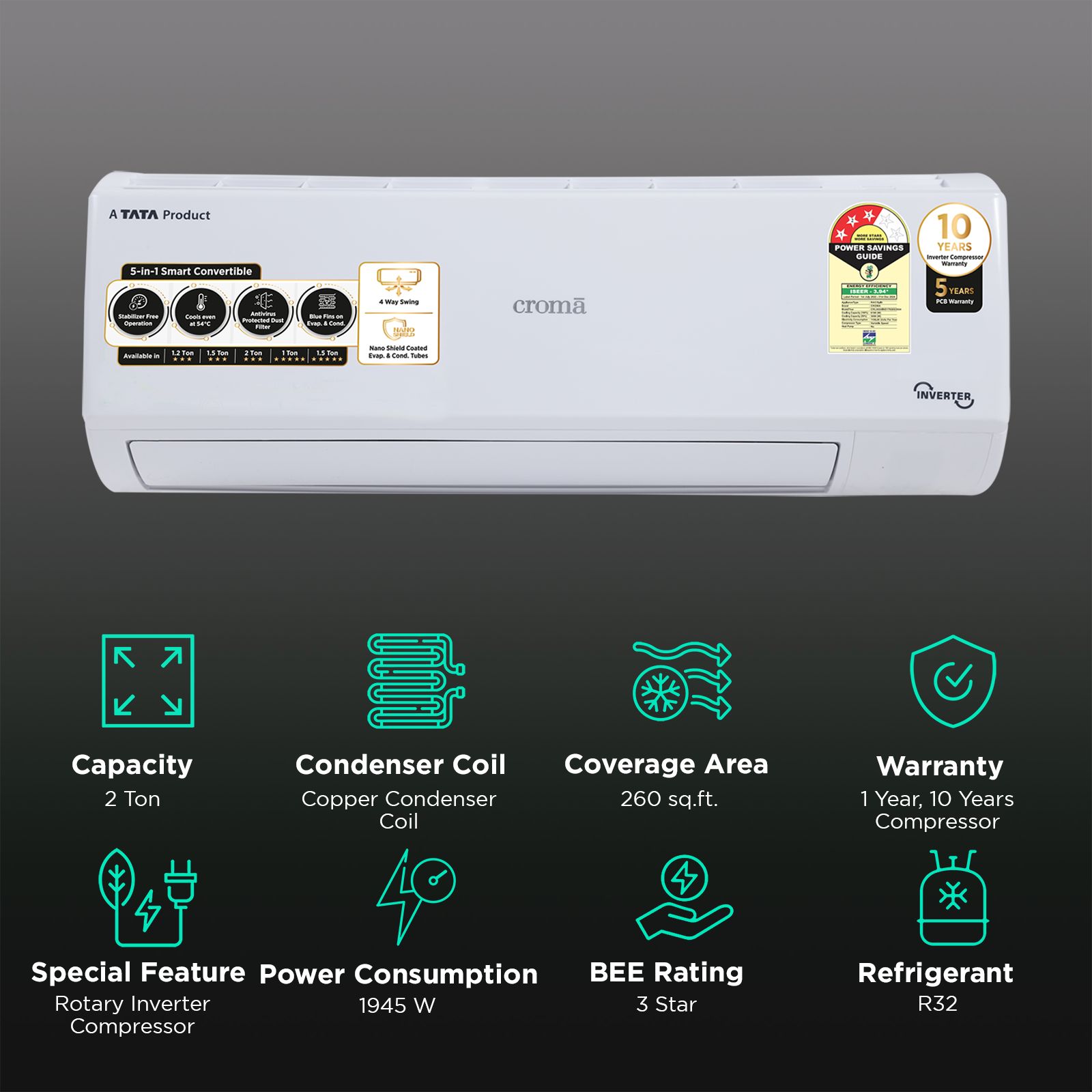 Croma 5 in 1 Convertible 2 Ton 3 Star Inverter Split AC with Dust Filter (Copper Condenser, CRLA024IND170265) Croma 5 in 1 Convertible 2 Ton 3 Star Inverter Split AC with Dust Filter (Copper Condenser, CRLA024IND170265)_2