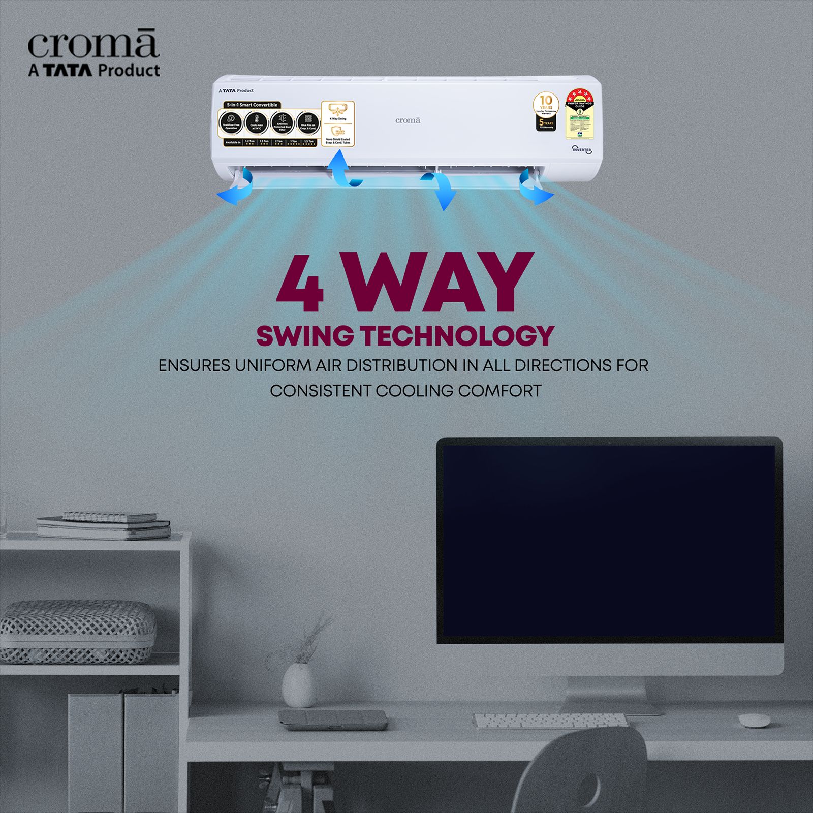 Croma 5 in 1 Convertible 1.5 Ton 5 Star Inverter Split AC with Dust Filter (Copper Condenser, CRLA018INF170269)_11