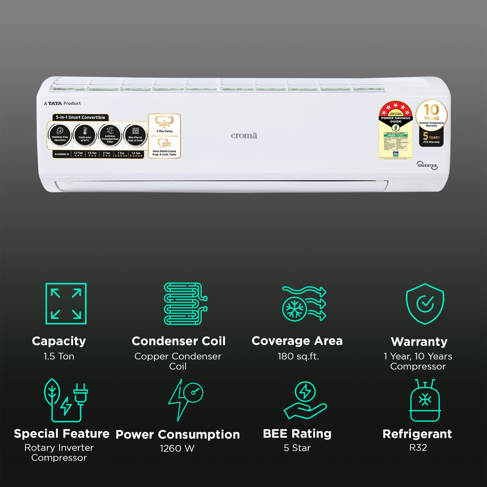Croma 5 in 1 Convertible 1.5 Ton 5 Star Inverter Split AC with Dust Filter (Copper Condenser, CRLA018INF170269)_2