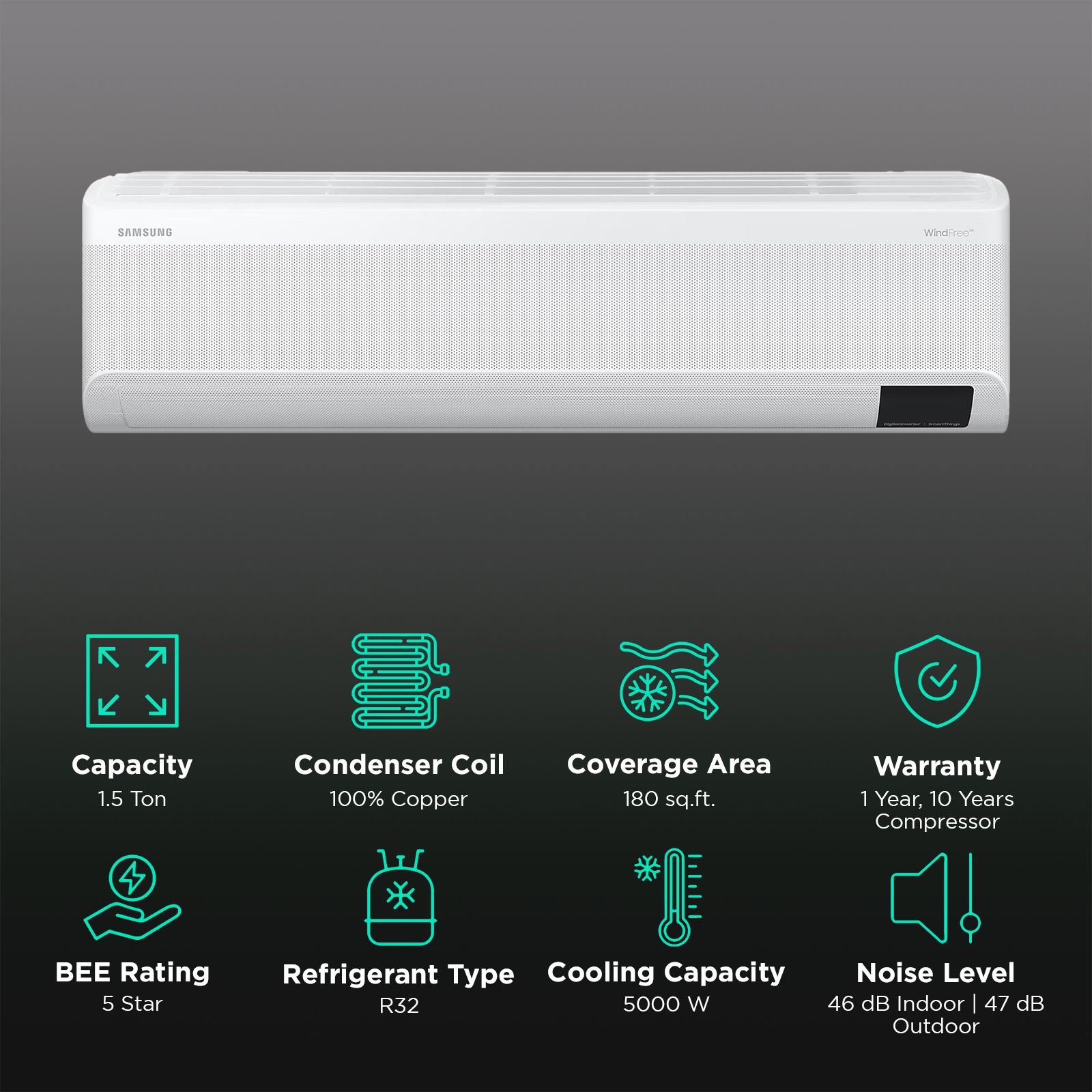 SAMSUNG CY 4 in 1 Convertible 1.5 Ton 5 Star Inverter Split Smart AC with AI Auto Cooling (Copper Condenser, AR18CY5AMWKNNA)_2