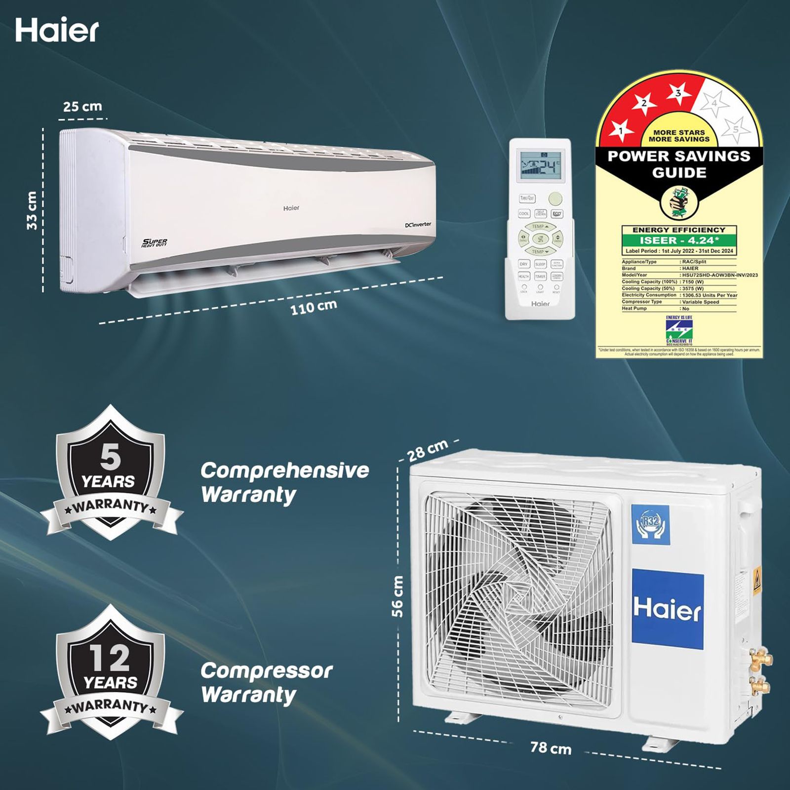 Haier Super Heavy Duty 7 in 1 Convertible 2.2 Ton 3 Star Hexa Inverter Split AC with Frost Self Clean (Copper Condenser, HSU72SHD-AOW3BN-INV)_16
