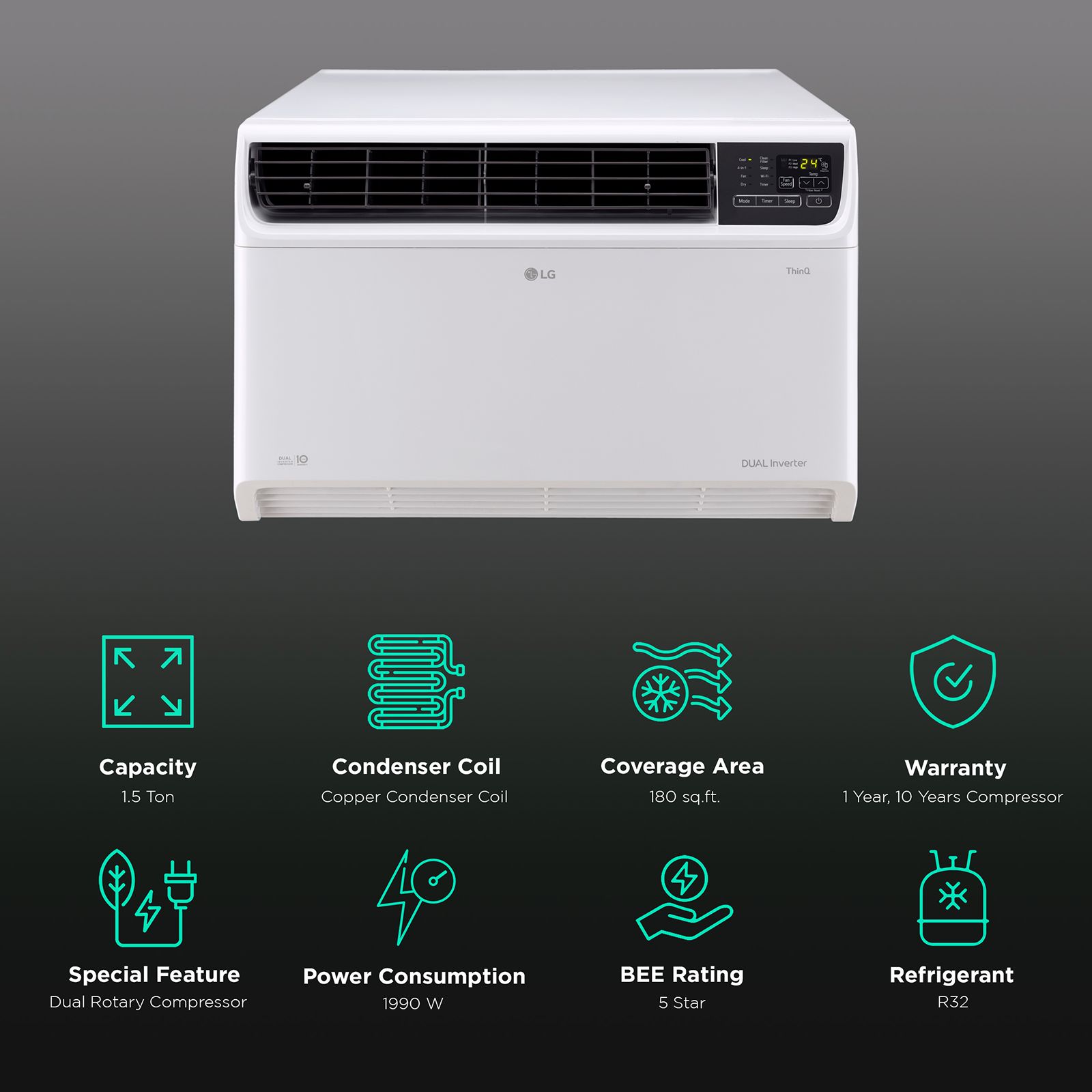 LG TW 4 in 1 Convertible 1.5 Ton 5 Star Dual Inverter Window Smart AC with Wi-Fi Supported (Copper Condenser, TW-Q18WWZA.ASLG) LG TW 4 in 1 Convertible 1.5 Ton 5 Star Dual Inverter Window Smart AC with Wi-Fi Supported (Copper Condenser, TW-Q18WWZA.ASLG)_2