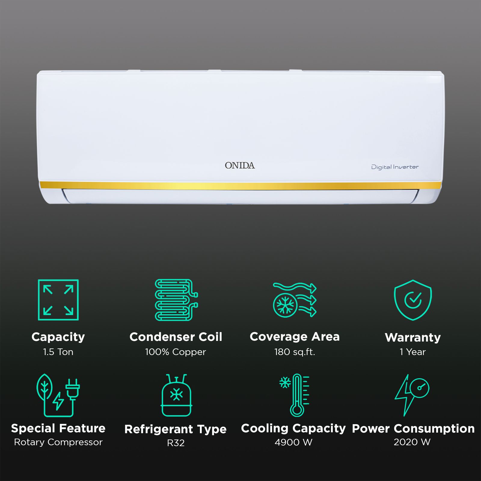 ONIDA Elegance 1.5 Ton 3 Star Inverter Split AC ( Copper Condenser, Neem Aurvedic Filter, IR193ELG) ONIDA Elegance 1.5 Ton 3 Star Inverter Split AC ( Copper Condenser, Neem Aurvedic Filter, IR193ELG)_2