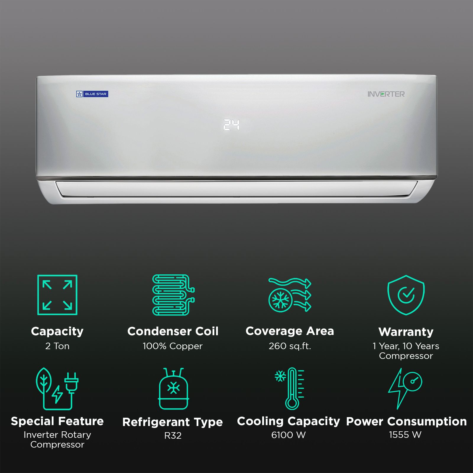 Blue Star D Series 5 in 1 Convertible 2 Ton 5 Star Inverter Split AC with DigiQ Penta Sensor (Copper Condenser, IC524DNUR) Blue Star D Series 5 in 1 Convertible 2 Ton 5 Star Inverter Split AC with DigiQ Penta Sensor (Copper Condenser, IC524DNUR)_2
