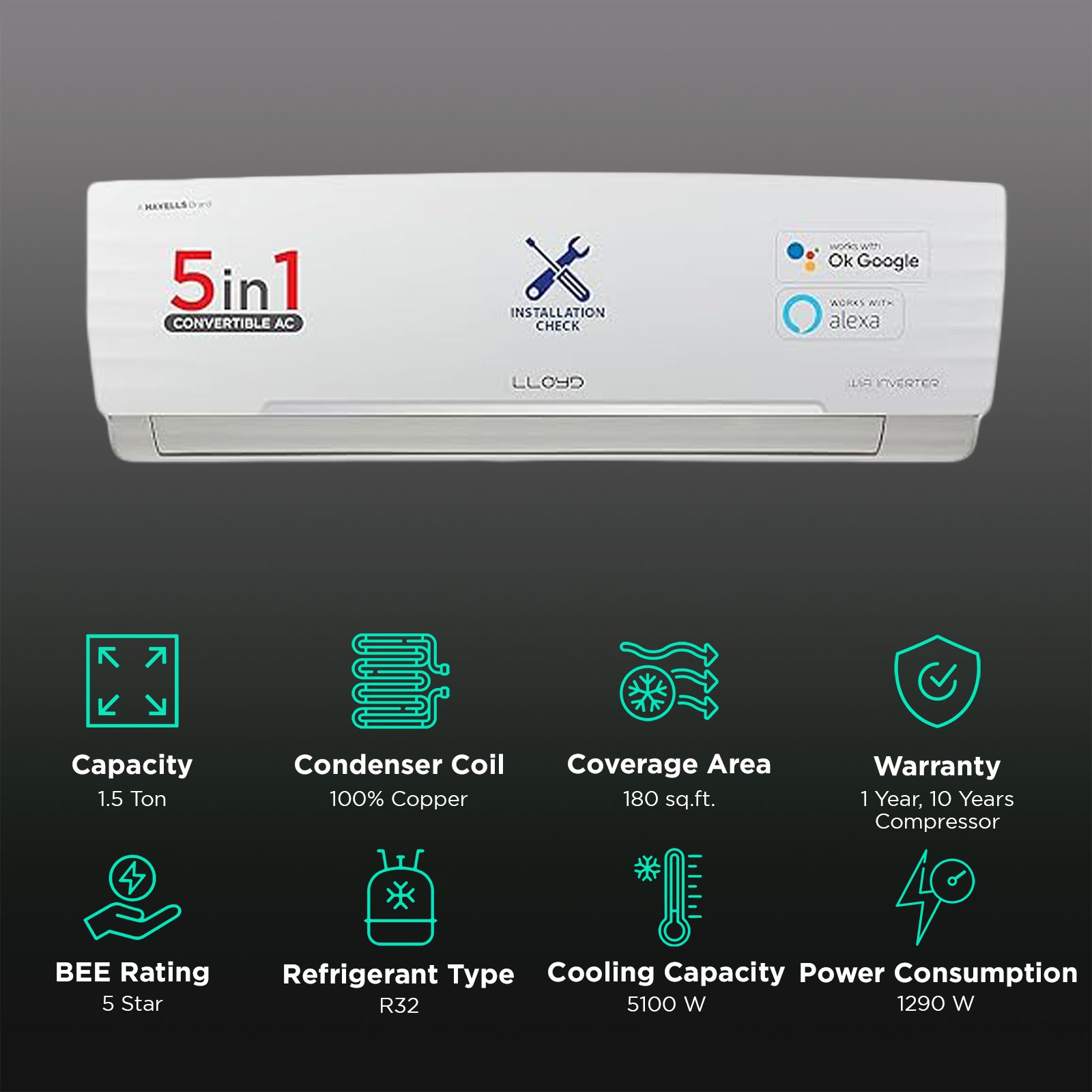 LLOYD 5 in 1 Convertible 1.5 Ton 5 Star Inverter Split Smart AC with Wi-Fi Supported (Copper Condenser, GLS18V5FWCXV) LLOYD 5 in 1 Convertible 1.5 Ton 5 Star Inverter Split Smart AC with Wi-Fi Supported (Copper Condenser, GLS18V5FWCXV)_2