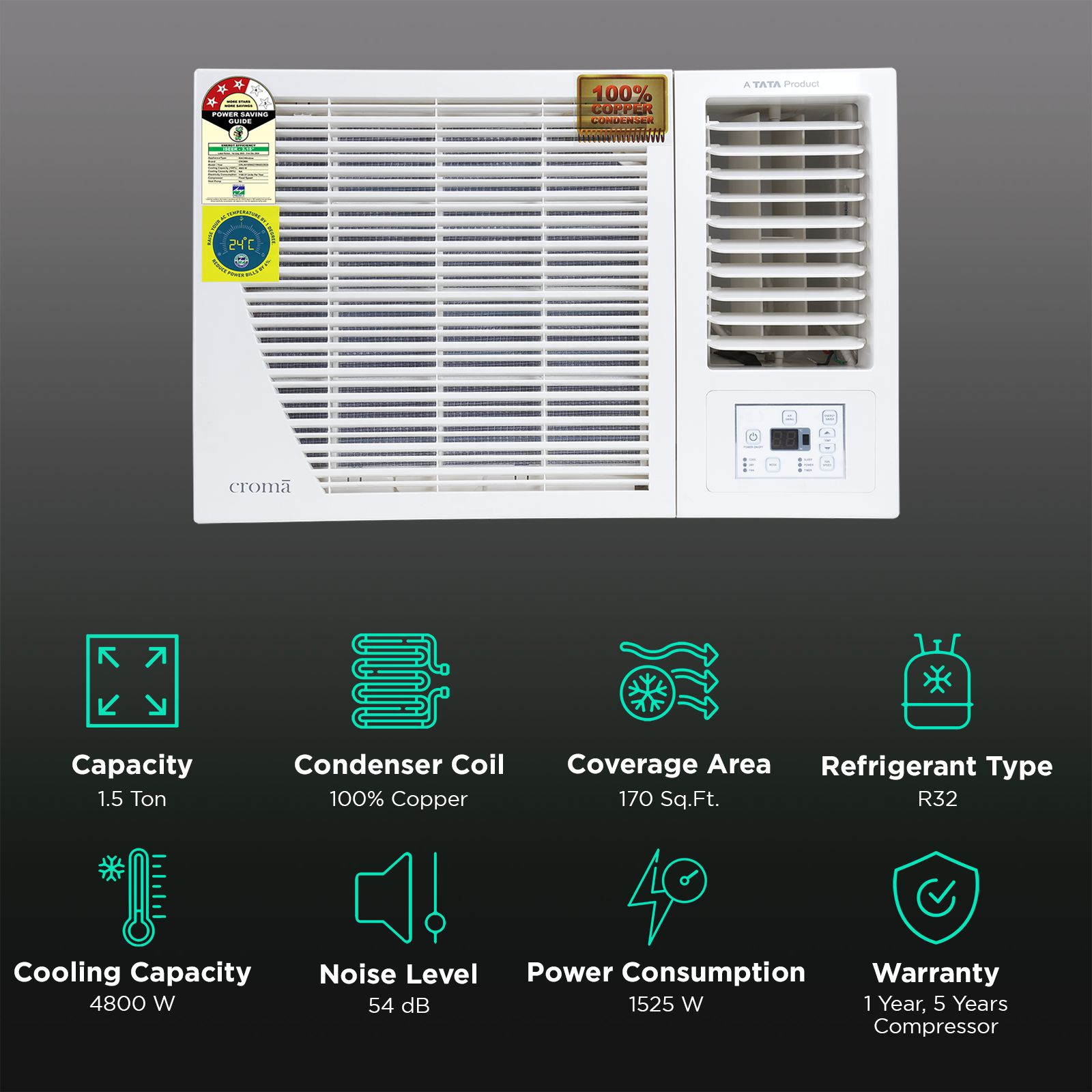 Croma 1.5 Ton 3 Star Fixed Speed Window AC (Copper Condenser, Dust Filter, CRLA018WAD199403) Croma 1.5 Ton 3 Star Fixed Speed Window AC (Copper Condenser, Dust Filter, CRLA018WAD199403)_2