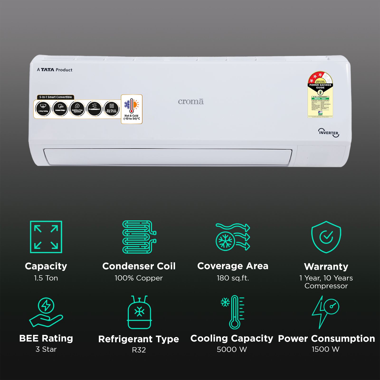 Croma 5 in 1 Convertible 1.5 Ton 3 Star Hot & Cold Split AC with PM 2.5 Filter (Copper Condenser, CRLAH18IND170266) Croma 5 in 1 Convertible 1.5 Ton 3 Star Hot & Cold Split AC with PM 2.5 Filter (Copper Condenser, CRLAH18IND170266)_2