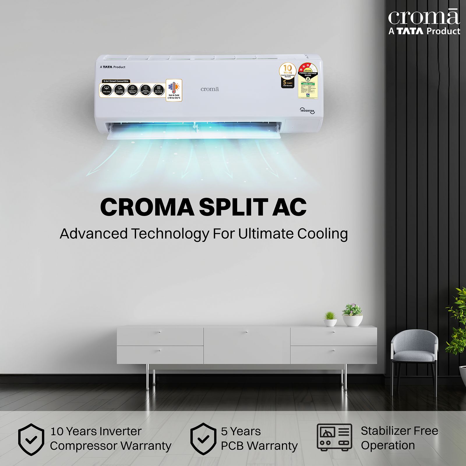 Croma 5 in 1 Convertible 1.5 Ton 3 Star Hot & Cold Split AC with PM 2.5 Filter (Copper Condenser, CRLAH18IND170266) Croma 5 in 1 Convertible 1.5 Ton 3 Star Hot & Cold Split AC with PM 2.5 Filter (Copper Condenser, CRLAH18IND170266)_5
