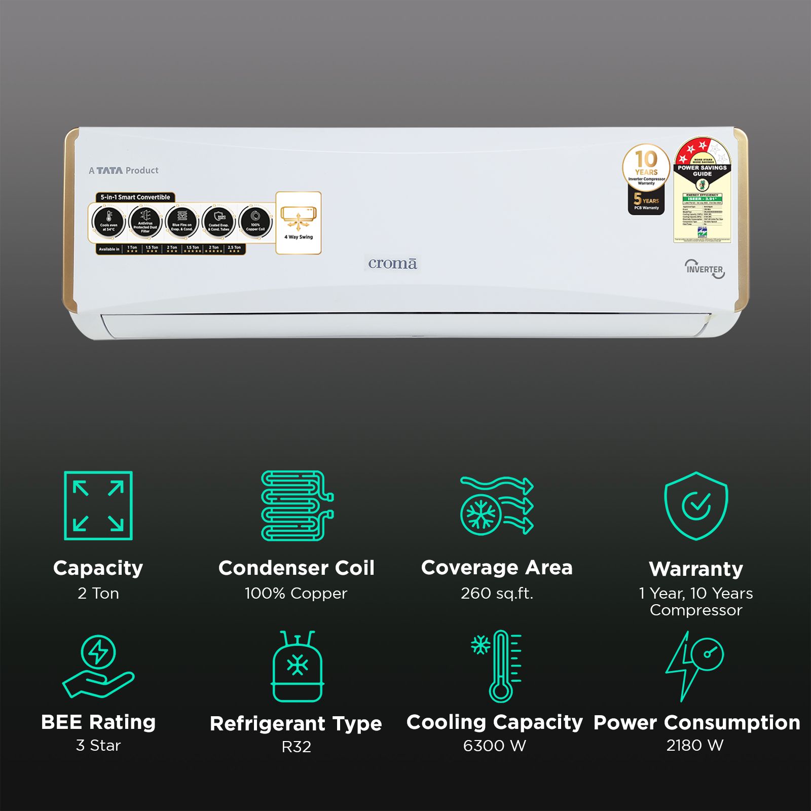 Croma 5 in 1 Convertible 2 Ton 3 Star Inverter Split AC with PM 2.5 Filter (Copper Condenser, CRLA022IND255959)_2
