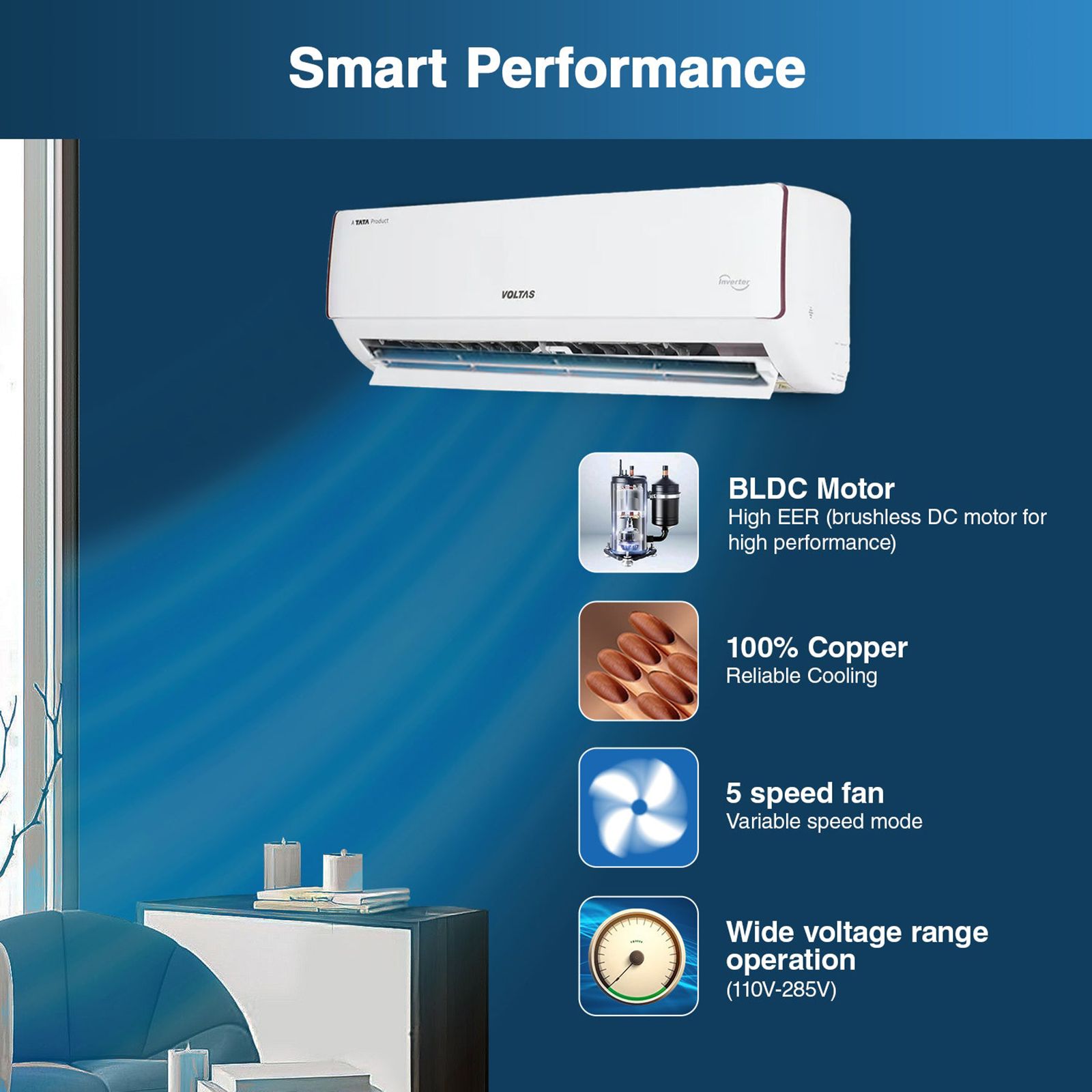 VOLTAS 185V Vectra Eden 1.5 Ton 5 Star Inverter Split AC (Copper Condenser, Dust Filter, 4503604)_15