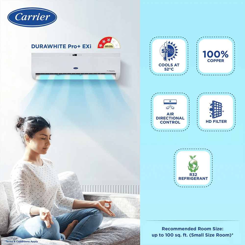 Carrier Durawhite Pro+ Exi 6 in 1 Convertible 1.5 Ton 3 Star Inverter Split AC with Auto Cleanser (Copper Condenser, CAI18DR3R34F0) Carrier Durawhite Pro+ Exi 6 in 1 Convertible 1.5 Ton 3 Star Inverter Split AC with Auto Cleanser (Copper Condenser, CAI18DR3R34F0)_8
