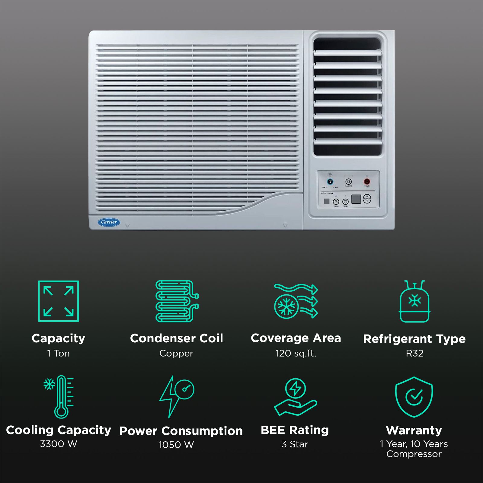 Carrier Estrella Ex 1 Ton 3 Star Fixed Speed Window AC (Copper Condenser, Dust Filter, CAW12EC3R34F0)_2