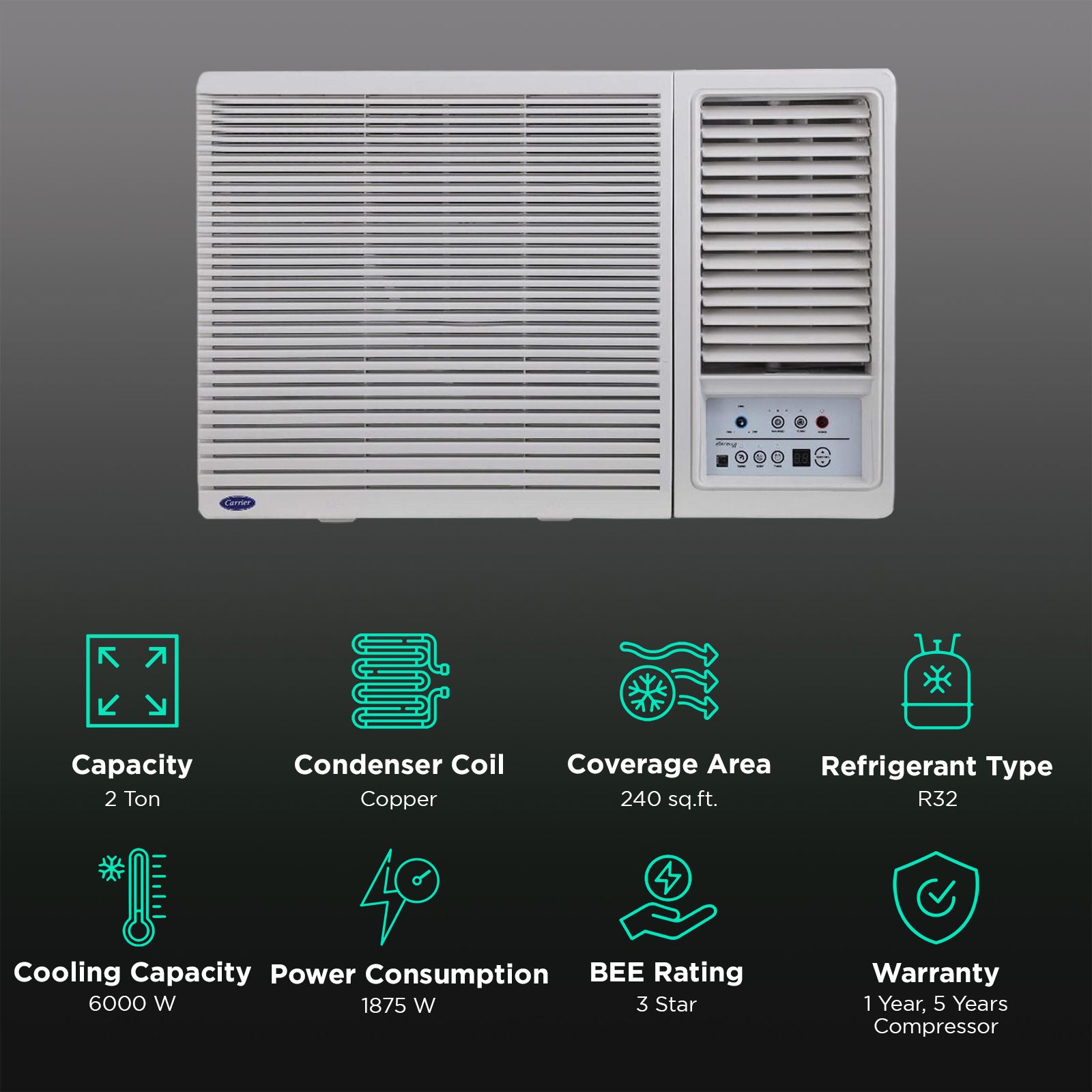 Carrier Estrella Ex 2 Ton 3 Star Fixed Speed Window AC (Copper Condenser, Dust Filter, CAW24EC3R32F0) Carrier Estrella Ex 2 Ton 3 Star Fixed Speed Window AC (Copper Condenser, Dust Filter, CAW24EC3R32F0)_2