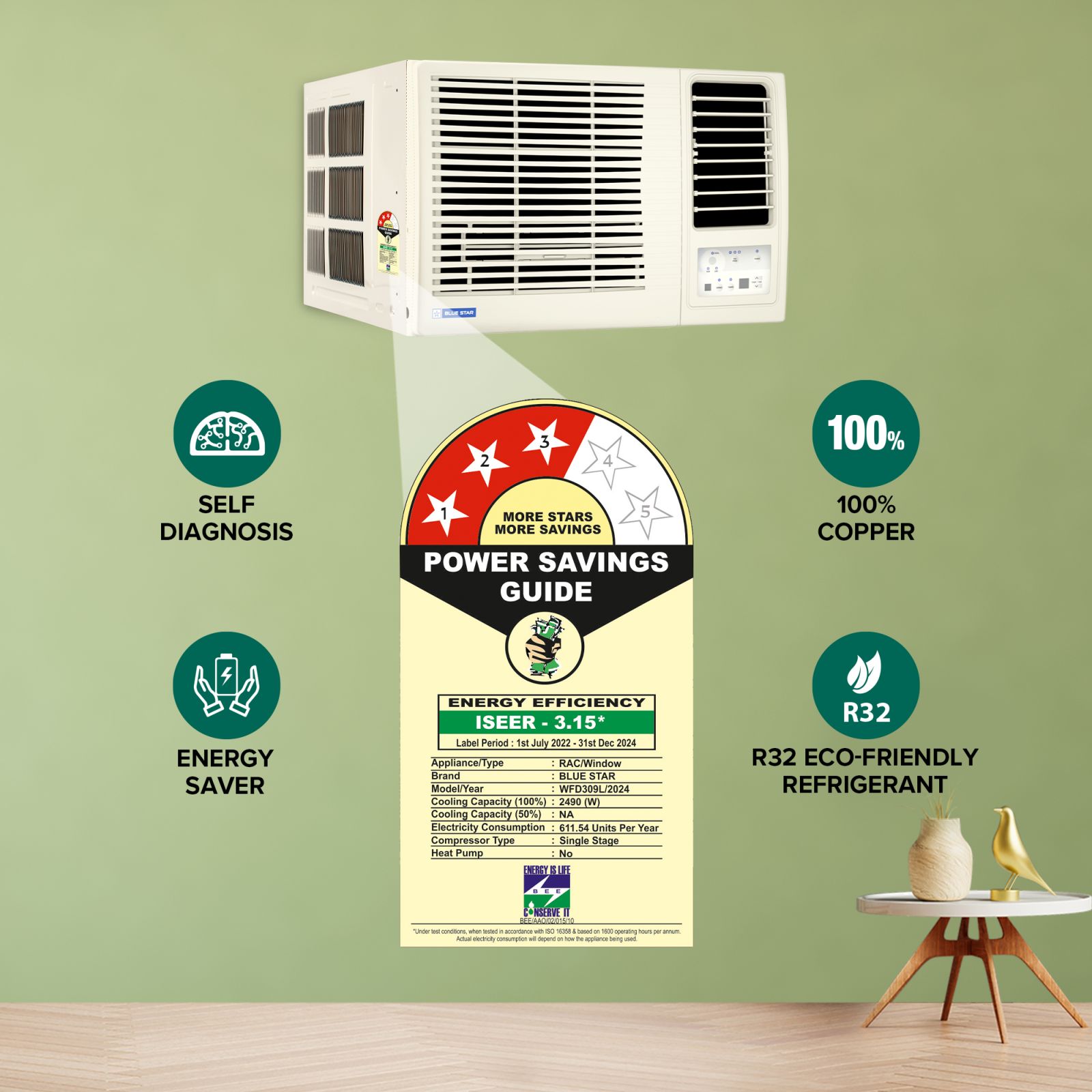 Blue Star L Series 0.8 Ton 3 Star Fixed Speed Window AC (Copper Condenser, Dust Filter, WFD309L) Blue Star L Series 0.8 Ton 3 Star Fixed Speed Window AC (Copper Condenser, Dust Filter, WFD309L)_7