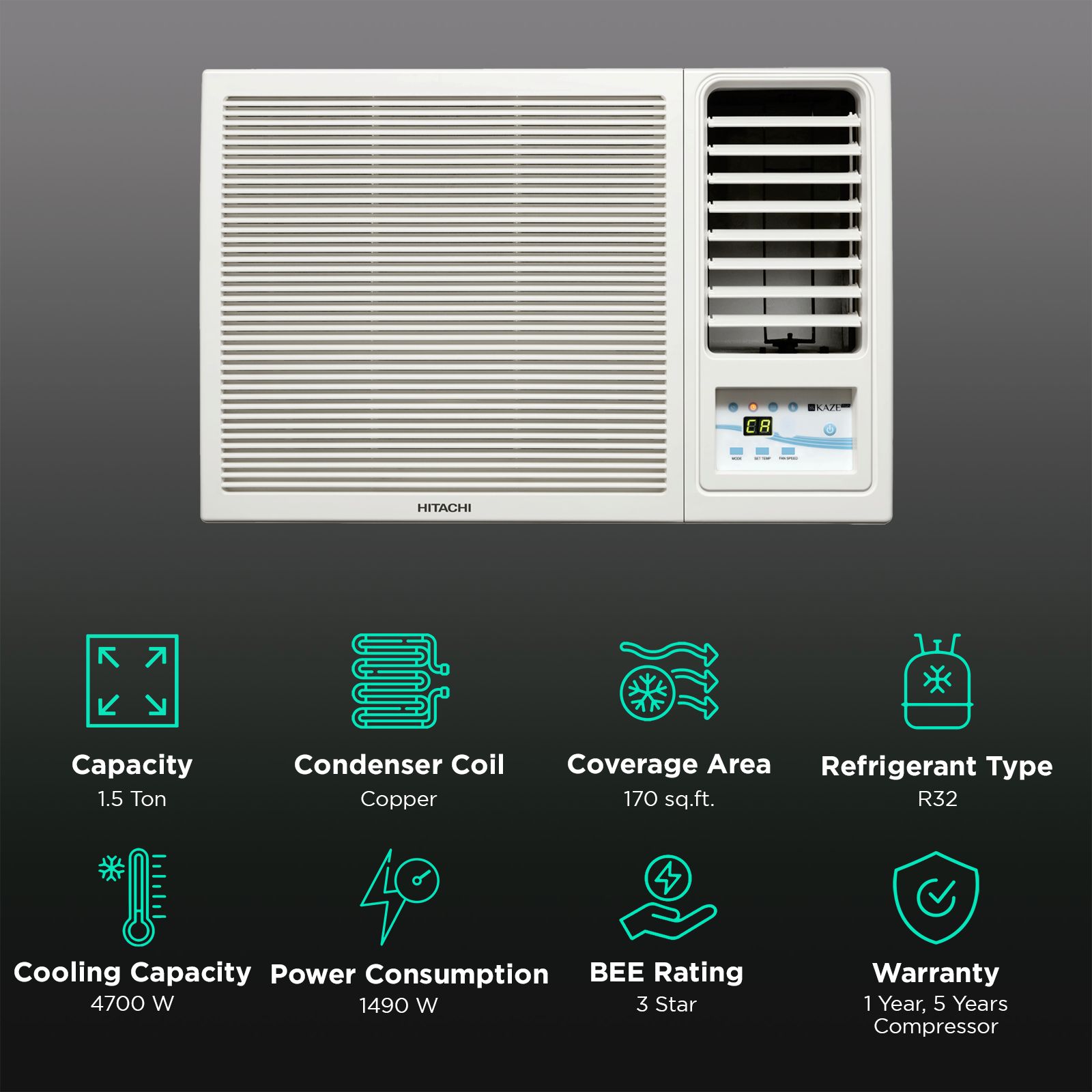 HITACHI New Kaze Plus 1.5 Ton 3 Star Fixed Speed Window AC (Copper Condenser, Dust Filter, RAW318HHDO) HITACHI New Kaze Plus 1.5 Ton 3 Star Fixed Speed Window AC (Copper Condenser, Dust Filter, RAW318HHDO)_2
