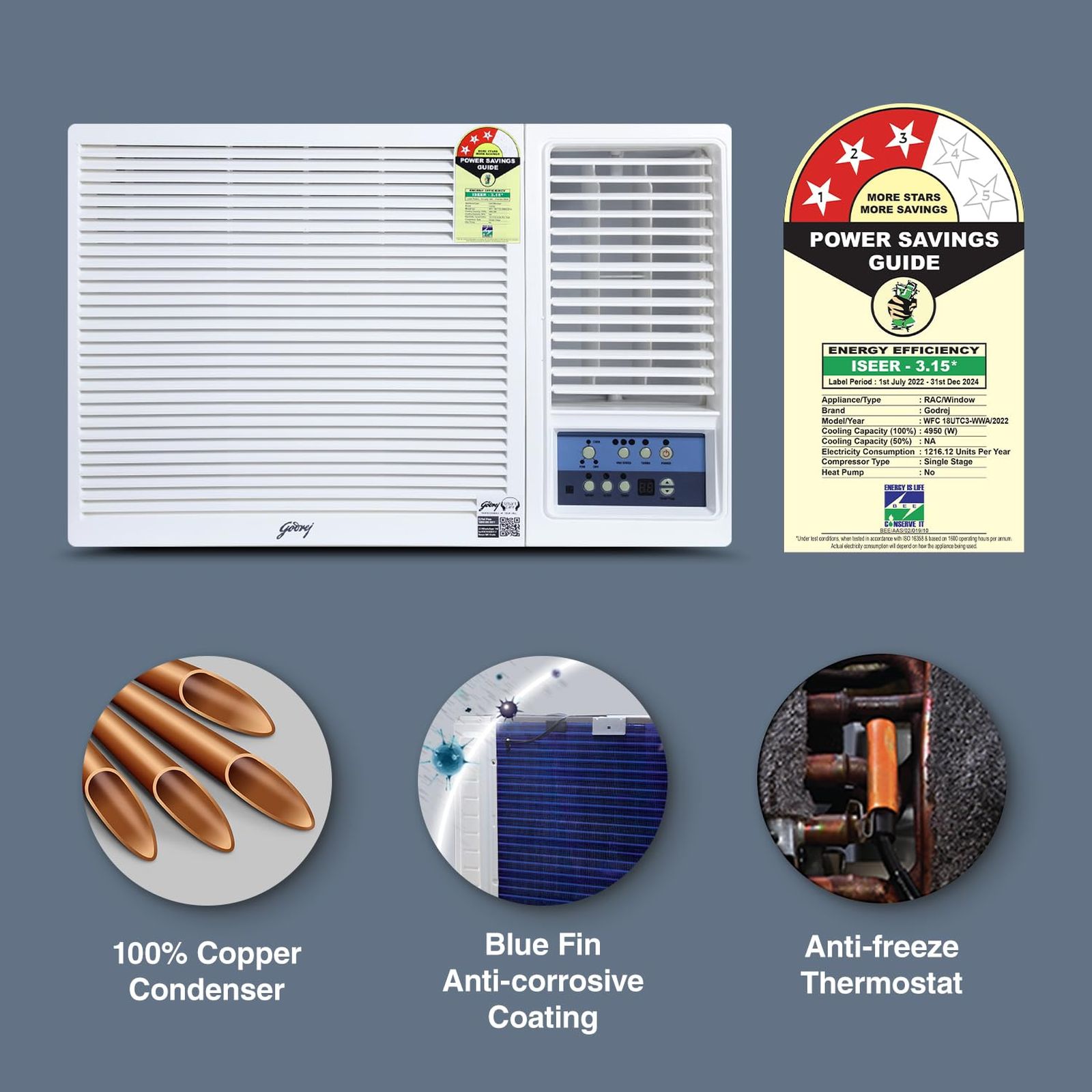 Godrej 1.5 Ton 3 Star Fixed Speed Window AC (Copper Condenser, Anti Dust Filter, WFC 18UTC3-WWA) Godrej 1.5 Ton 3 Star Fixed Speed Window AC (Copper Condenser, Anti Dust Filter, WFC 18UTC3-WWA)_8