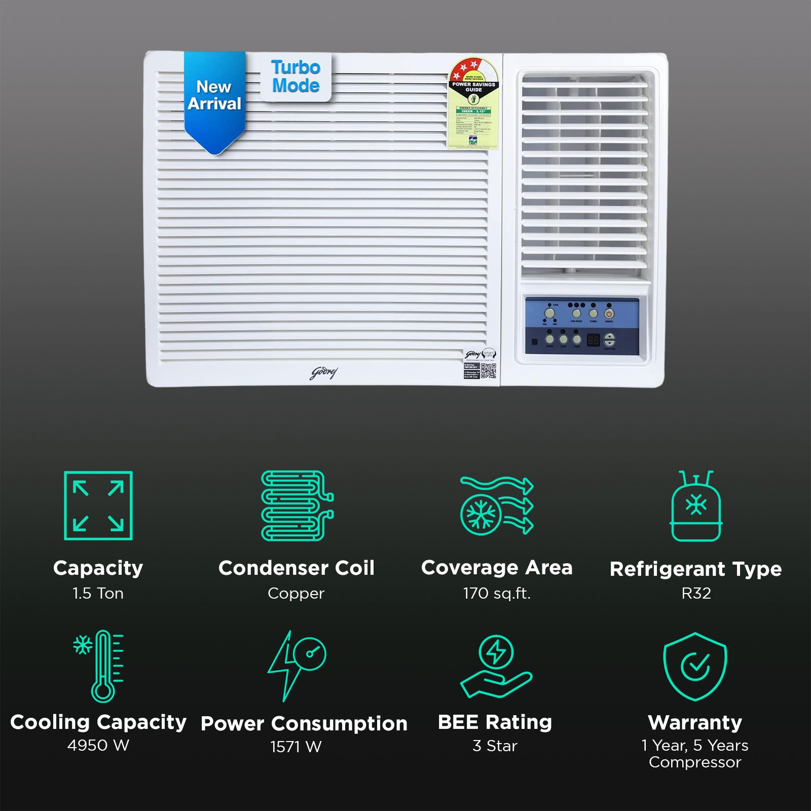 Godrej 1.5 Ton 3 Star Fixed Speed Window AC (Copper Condenser, Anti Dust Filter, WFC 18UTC3-WWA) Godrej 1.5 Ton 3 Star Fixed Speed Window AC (Copper Condenser, Anti Dust Filter, WFC 18UTC3-WWA)_2