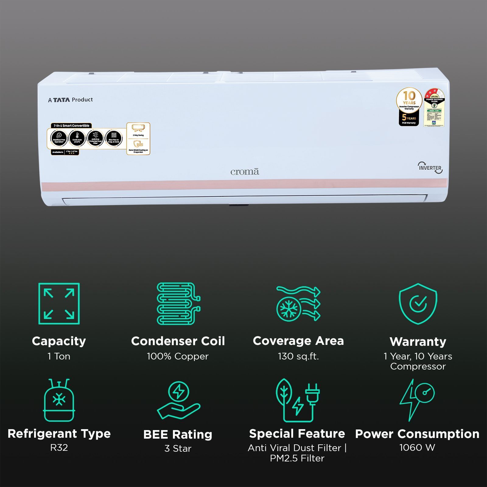 Croma 7 in 1 Convertible 1 Ton 3 Star Inverter Split AC with Temperature Sensor (2025 Model, Copper Condenser, CRLA012IND283264)_2