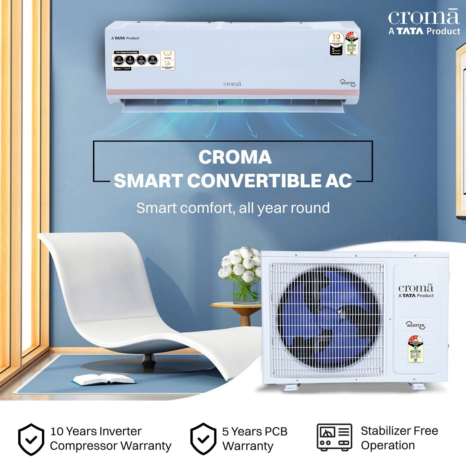 Croma 7 in 1 Convertible 1 Ton 3 Star Inverter Split AC with Temperature Sensor (2025 Model, Copper Condenser, CRLA012IND283264)_5