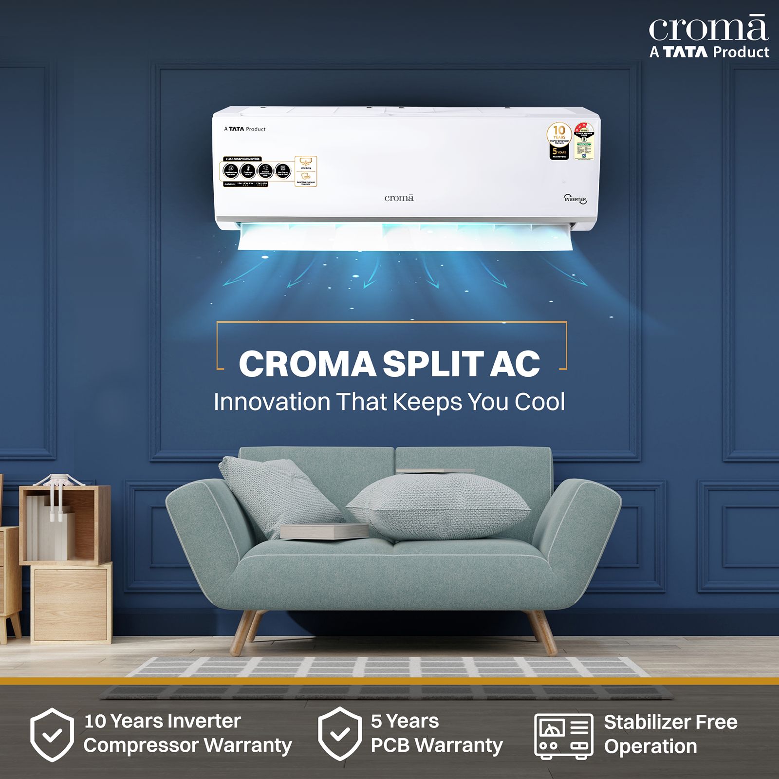 Croma 7 in 1 Convertible 1.5 Ton 3 Star Inverter Split AC with Temperature Sensor (2025 Model, Copper Condenser, CRLA018IND283267)_6