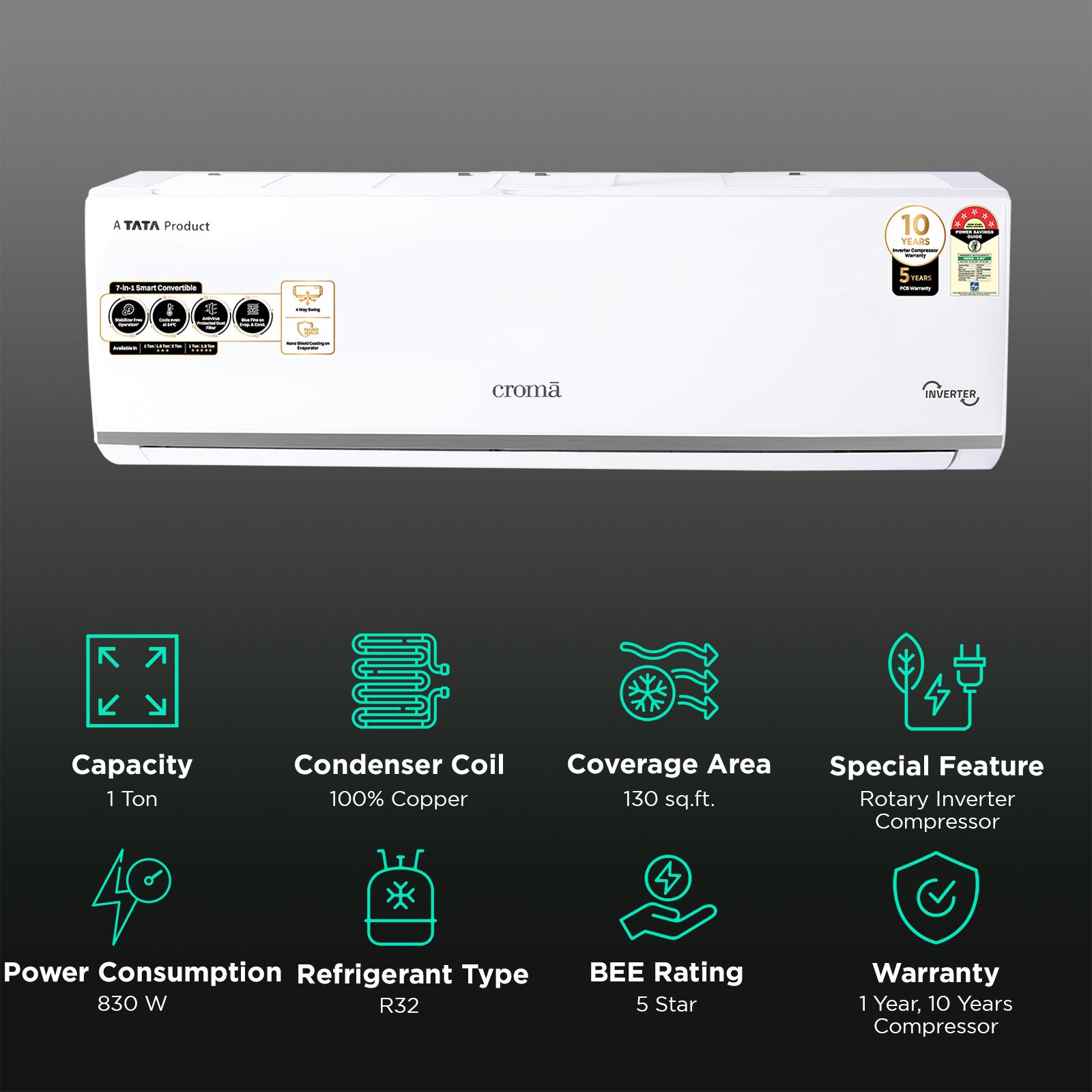 Croma 7 in 1 Convertible 1 Ton 5 Star Inverter Split AC with Self Cleaning Function (2025 Model, Copper Condenser, CRLA012INF283268) Croma 7 in 1 Convertible 1 Ton 5 Star Inverter Split AC with Self Cleaning Function (2025 Model, Copper Condenser, CRLA012INF283268)_2