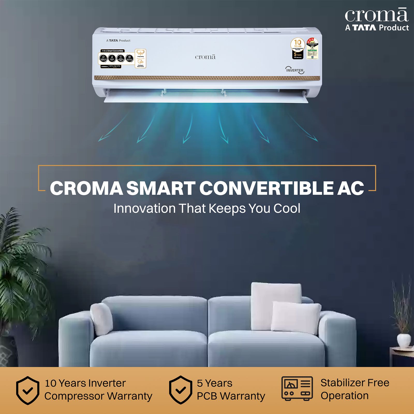 Croma 7 in 1 Convertible 0.8 Ton 3 Star Inverter Split AC with 4 way swing (2025 Model, Copper Condenser, CRLA009IND170270)_5