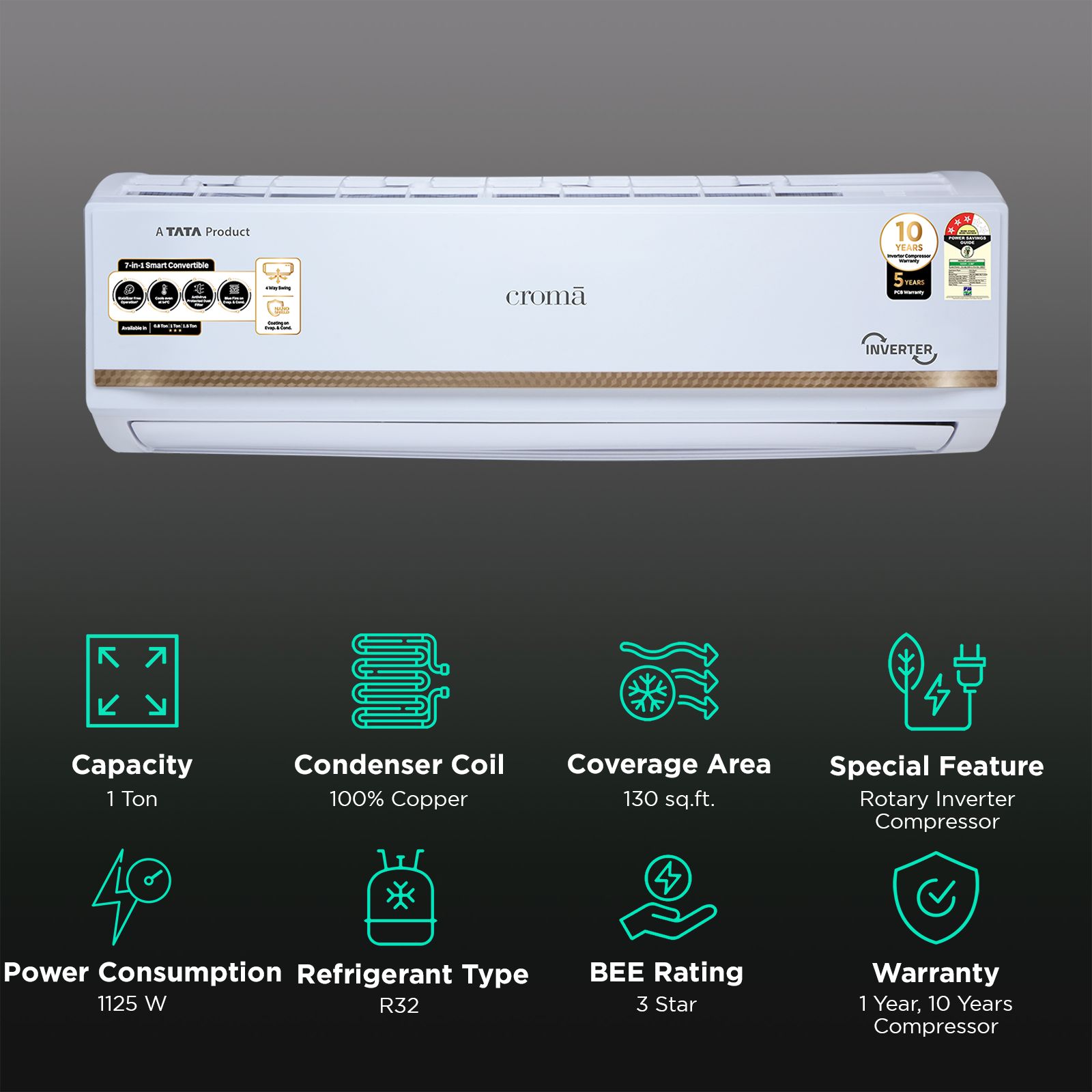 Croma 7 in 1 Convertible 1 Ton 3 Star Inverter Split AC with Temperature Sensor (2025 Model, Copper Condenser, CRLA012IND170271)_2