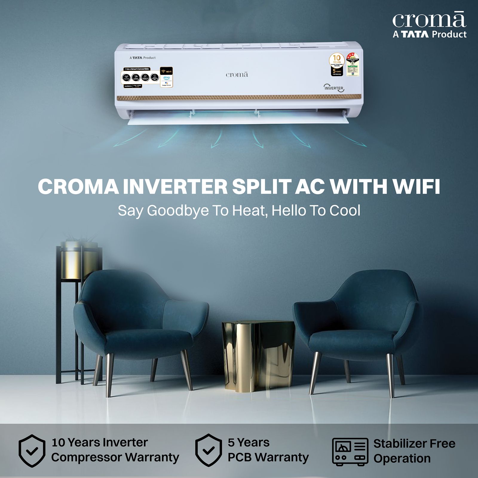 Croma 7 in 1 Convertible 1.5 Ton 3 Star Inverter Split Smart AC with Voice Assistant (Copper Condenser, CRLAS18IND170276) Croma 7 in 1 Convertible 1.5 Ton 3 Star Inverter Split Smart AC with Voice Assistant (Copper Condenser, CRLAS18IND170276)_5